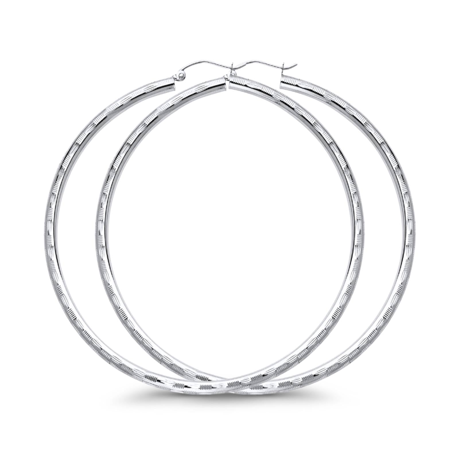 White Gold 14K Real Diamond Cut 3mm Snap Closure Hoop Earrings Hinged 4.2grams 55mm