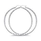 White Gold 14K Real Diamond Cut 3mm Snap Closure Hoop Earrings Hinged 4.2grams 55mm