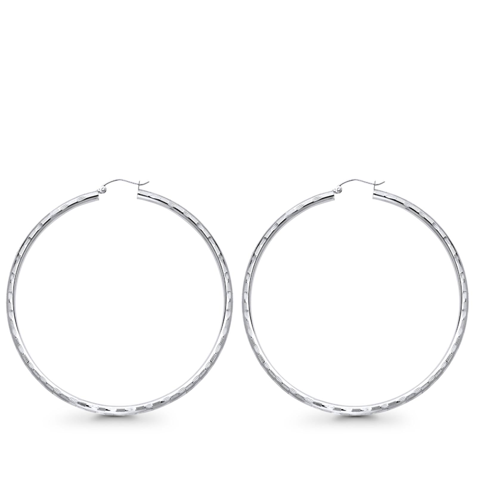 White Gold 14K Real Diamond Cut 3mm Snap Closure Hoop Earrings Hinged 4.2grams 55mm