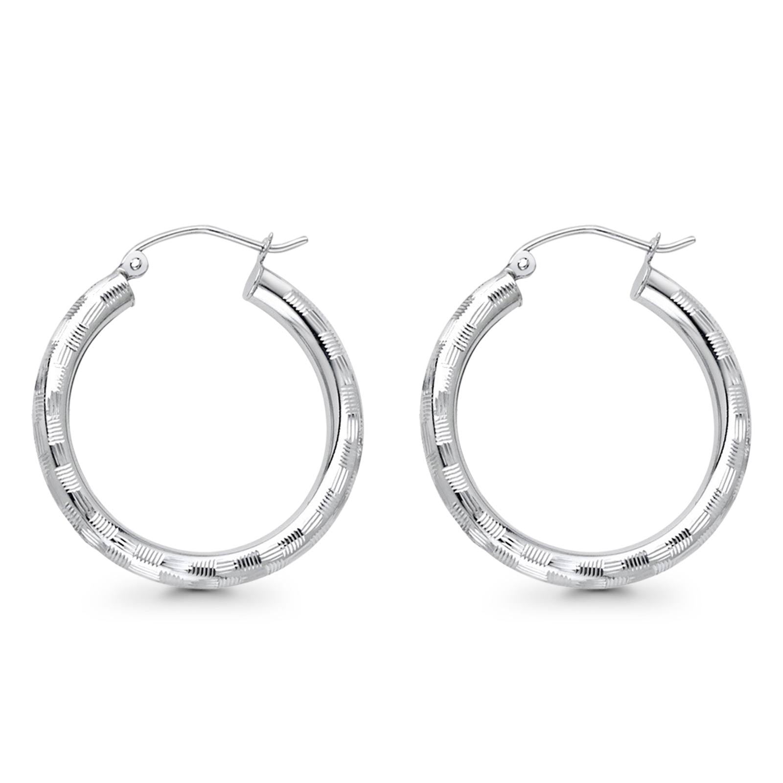 White 14K Gold Real Diamond Cut 3mm Snap Closure Hoop Earrings Hinged 1.8grams 25mm