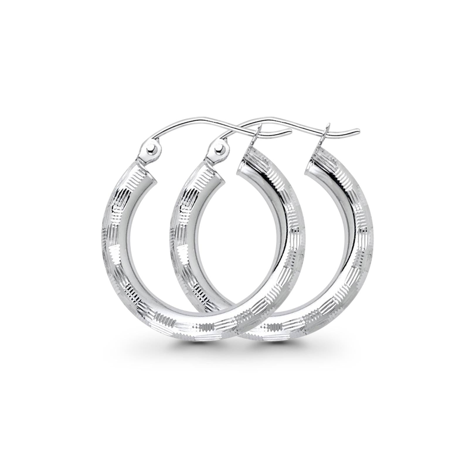 White Gold 14K Real Diamond Cut 3mm Snap Closure Hoop Earrings Hinged 1.4grams 20mm