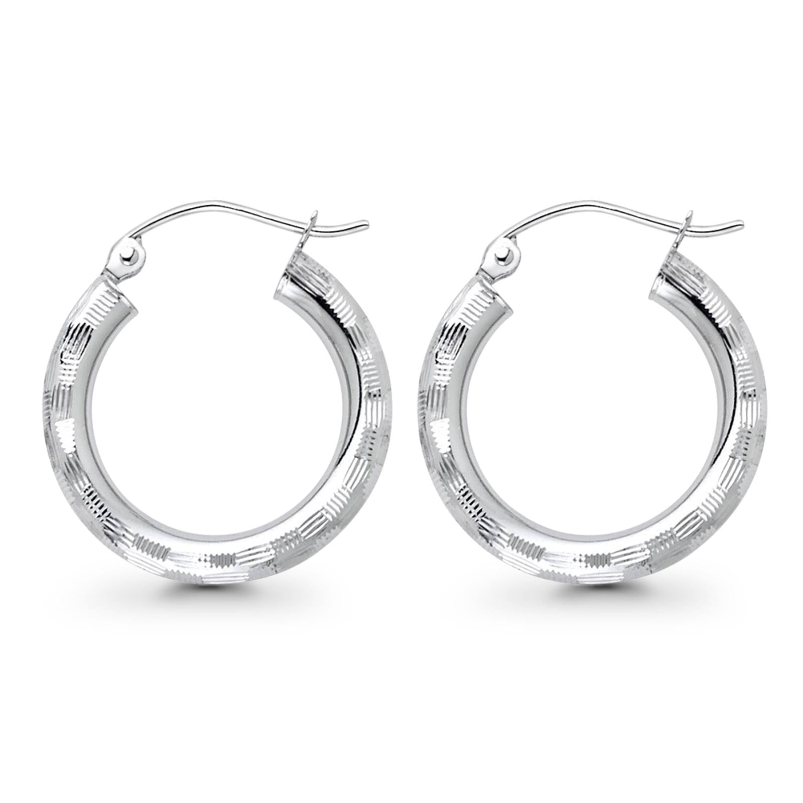 White Gold 14K Real Diamond Cut 3mm Snap Closure Hoop Earrings Hinged 1.4grams 20mm