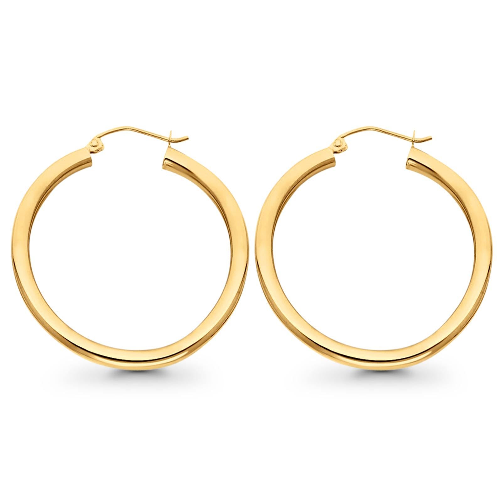 14K Attractive Yellow Gold Real 3mm Plain Snap Closure Hoop Earrings Hinged 2grams 28mm