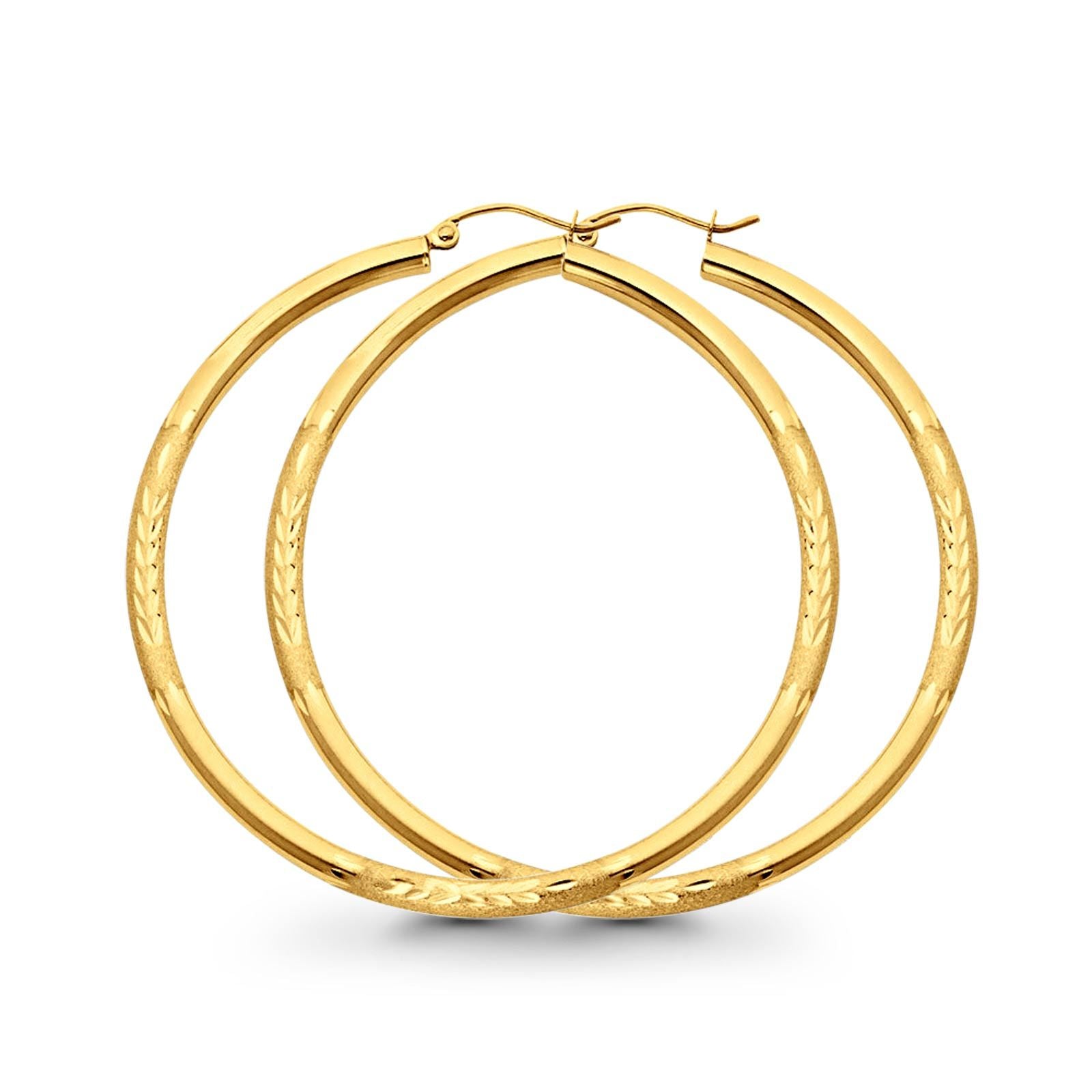 Real Yellow Gold Diamond Cut 3mm 14K Snap Closure Hoop Earrings Hinged 48mm 3.2grams