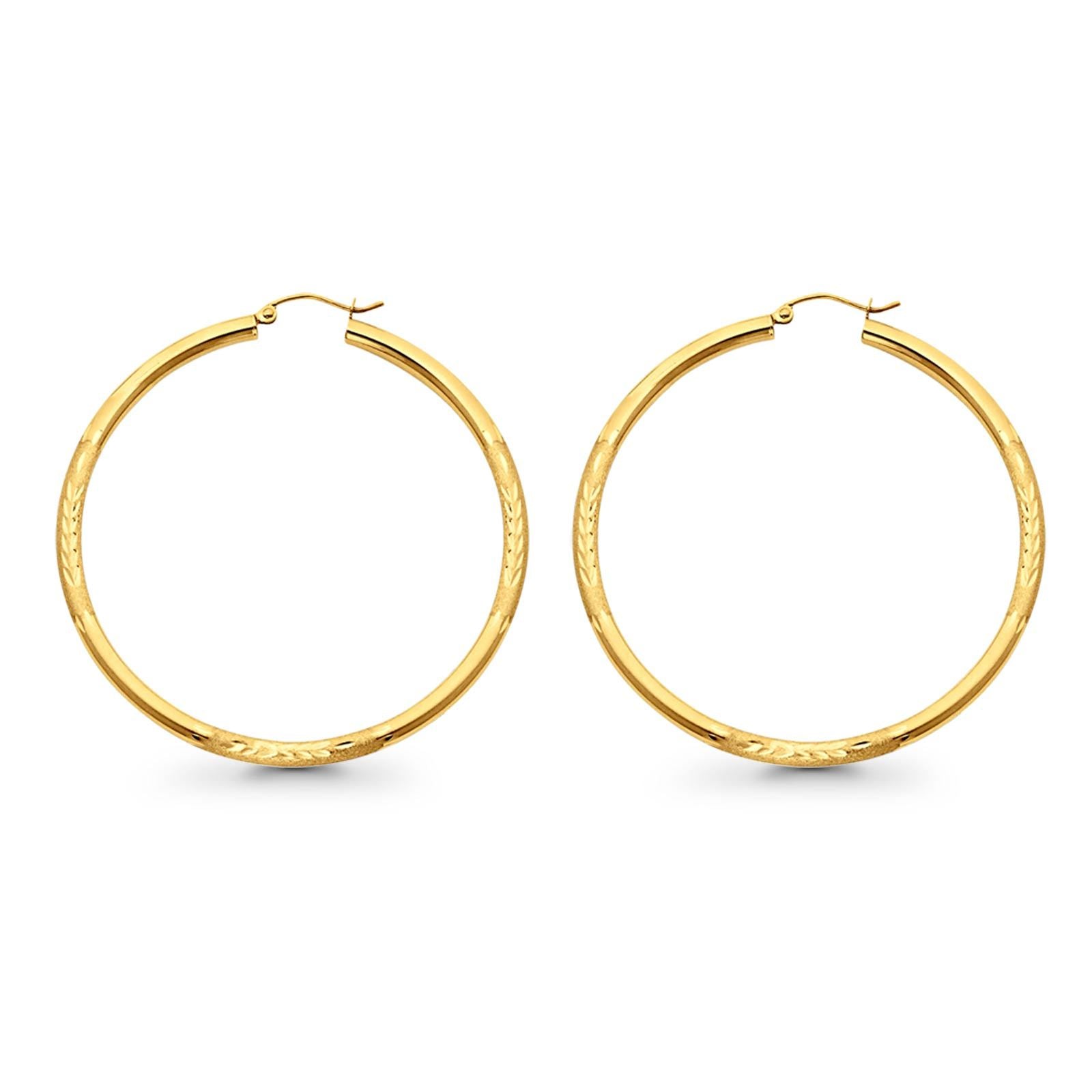 Real Yellow Gold Diamond Cut 3mm 14K Snap Closure Hoop Earrings Hinged 48mm 3.2grams