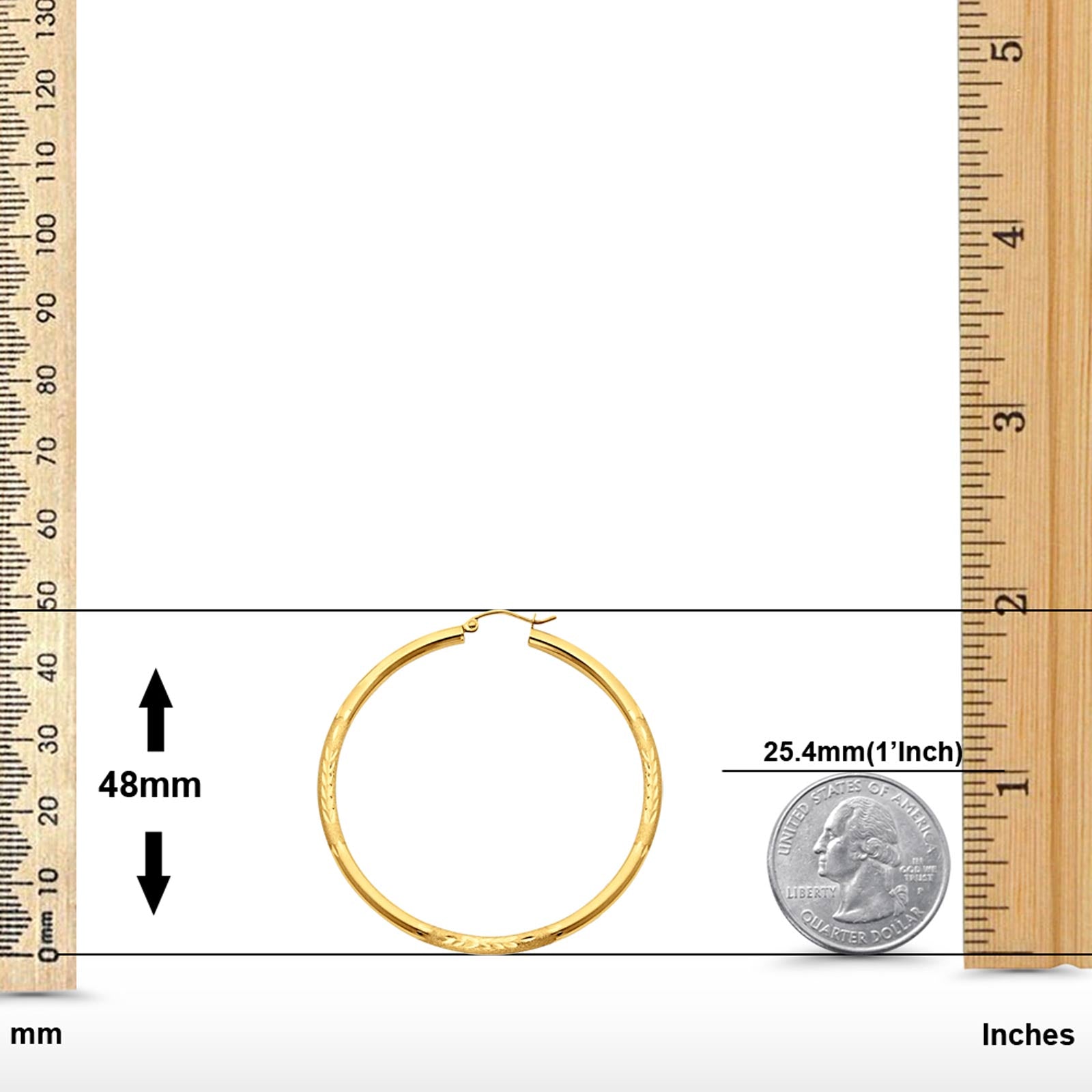 Real Yellow Gold Diamond Cut 3mm 14K Snap Closure Hoop Earrings Hinged 48mm 3.2grams