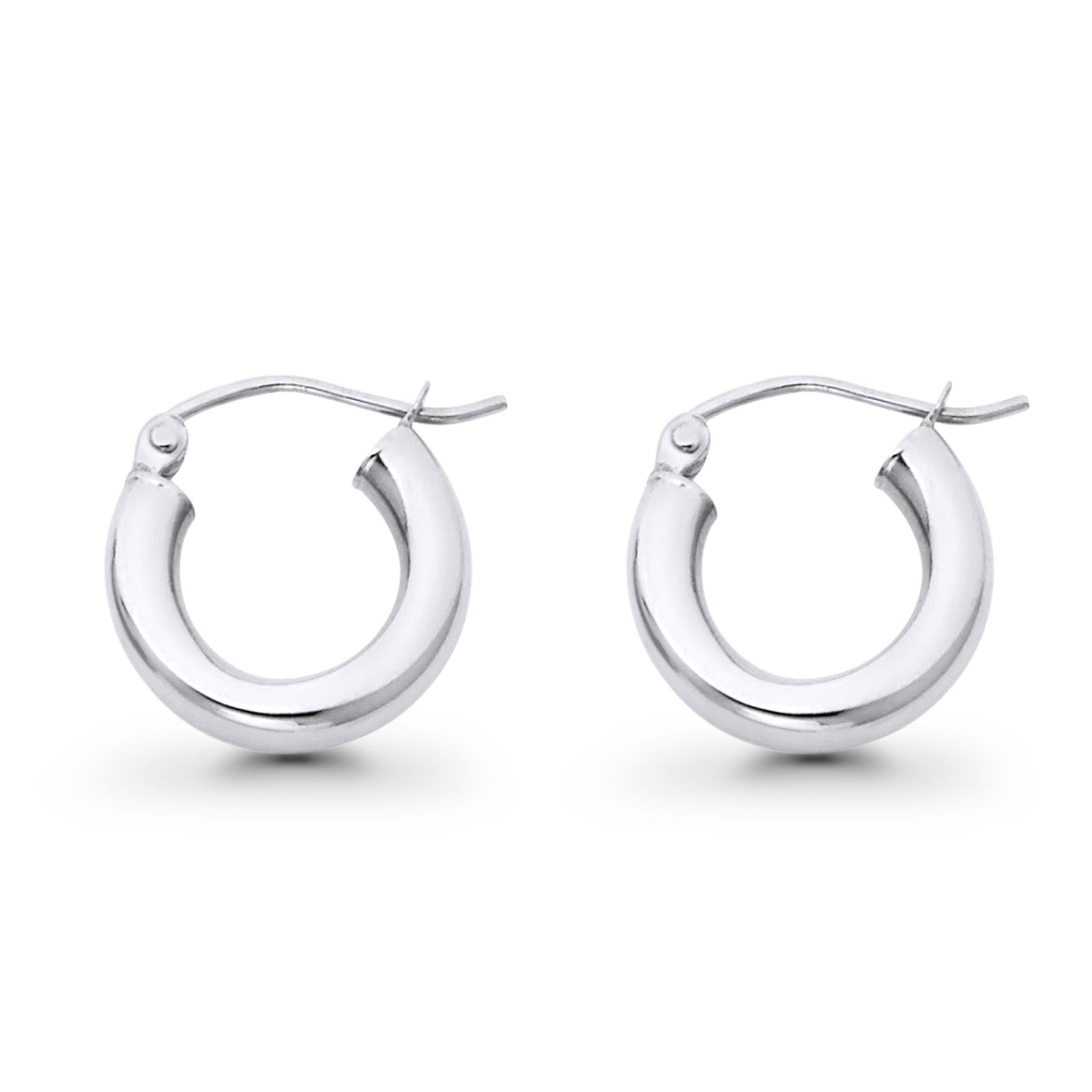 14K White Gold Real 3mm Lovely Plain Snap Closure Hoop Earrings Hinged 14mm 1gram