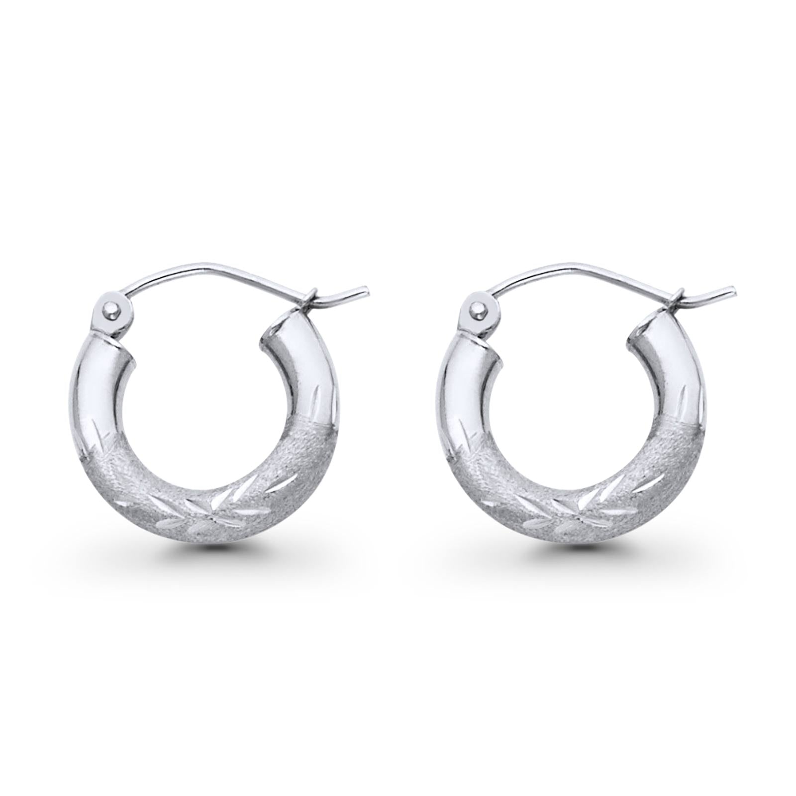 Diamond Cut 14K White Gold Real 3mm Snap Closure Hoop Earrings Hinged 1gram 14mm