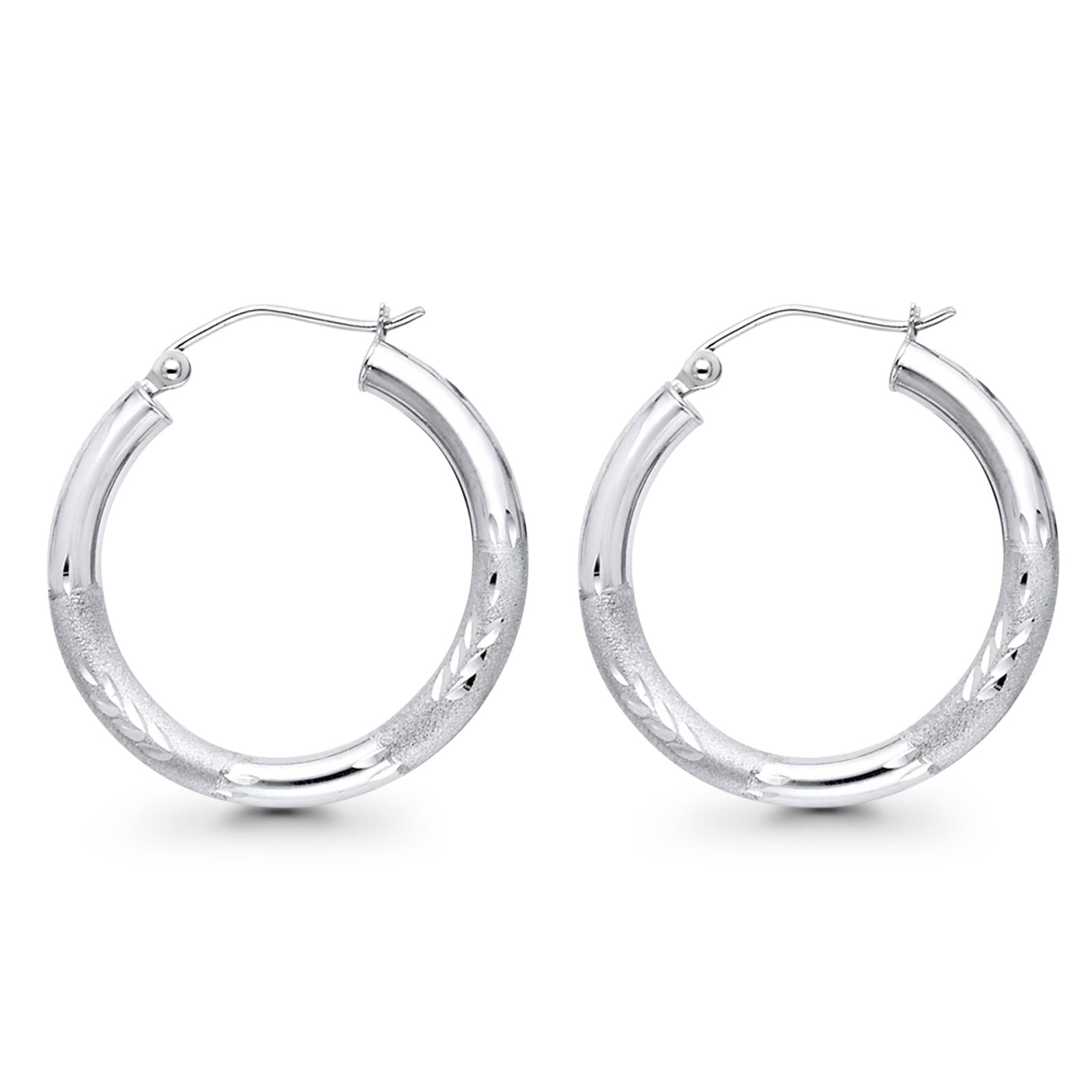 14K White Gold Diamond Cut Real 3mm Snap Closure Hoop Earrings Hinged 1.8grams 25mm
