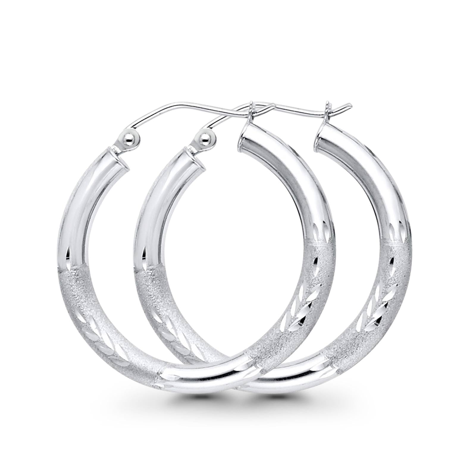14K White Gold Diamond Cut Real 3mm Snap Closure Hoop Earrings Hinged 1.8grams 25mm