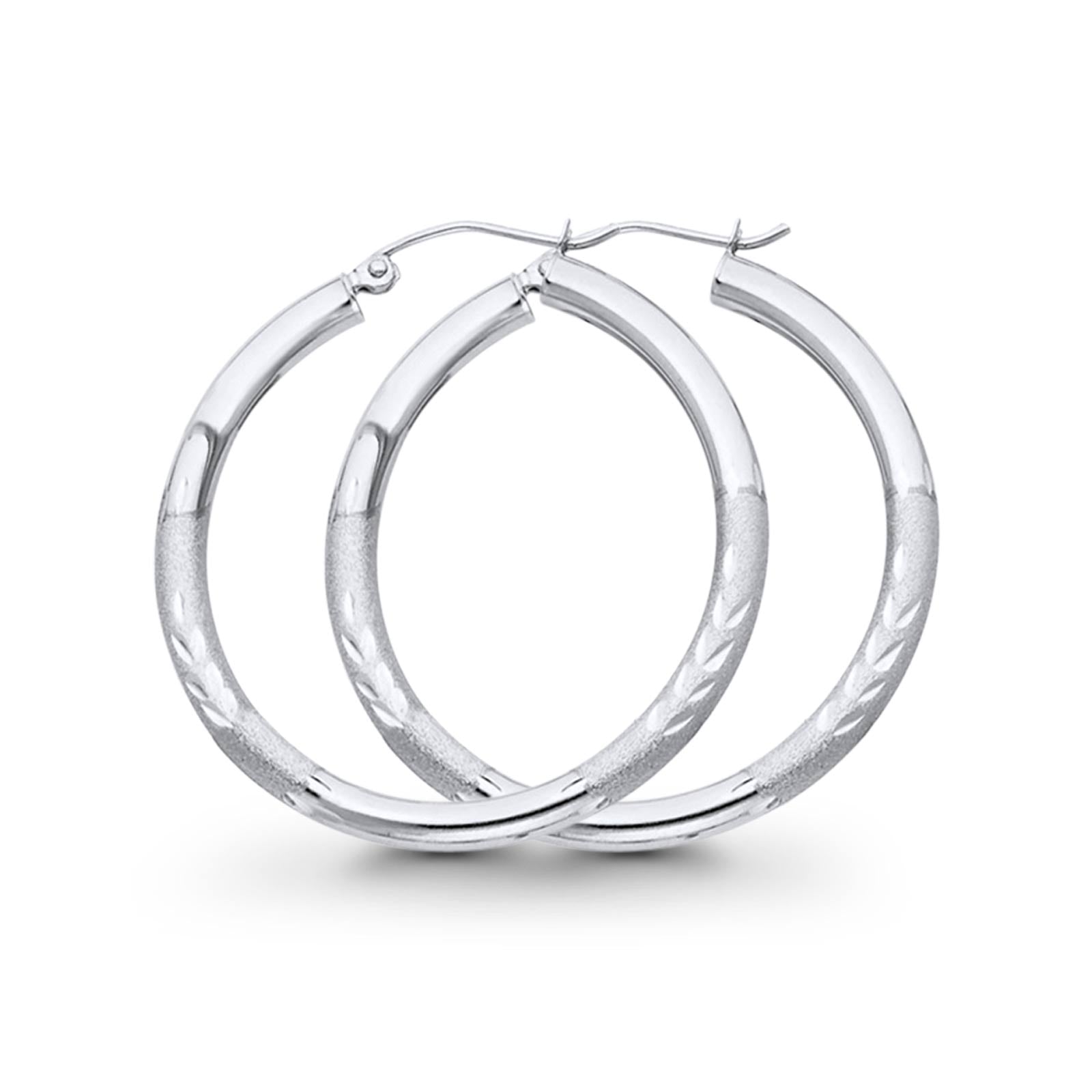 Real 14K White Gold Diamond Cut 3mm Snap Closure Hoop Earrings Hinged 2.1grams 30mm