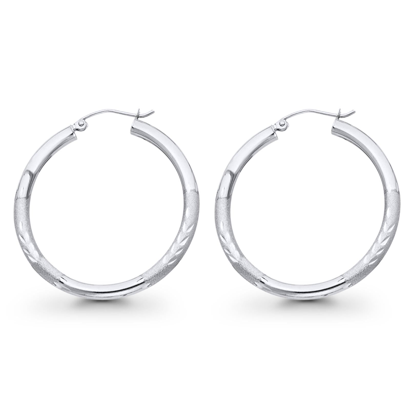 Real 14K White Gold Diamond Cut 3mm Snap Closure Hoop Earrings Hinged 2.1grams 30mm