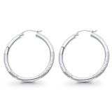 Real 14K White Gold Diamond Cut 3mm Snap Closure Hoop Earrings Hinged 2.1grams 30mm