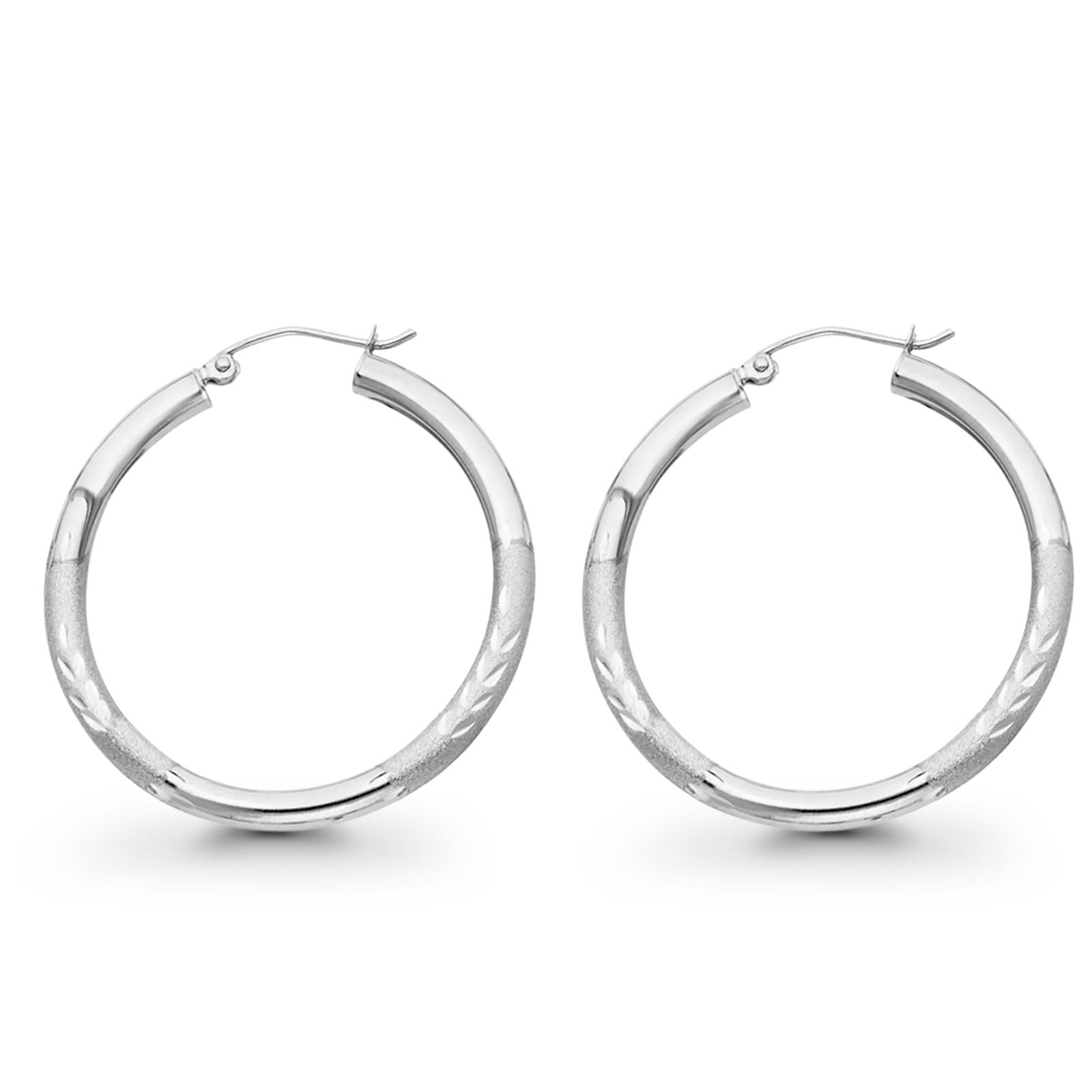 Real 14K White Gold Diamond Cut 3mm Snap Closure Hoop Earrings Hinged 2.3grams 35mm