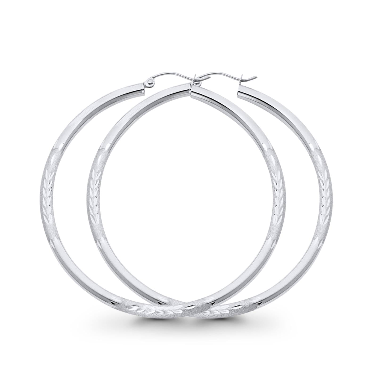 Diamond Cut 3mm Snap Closure Hoop Earrings Real 14K White Gold Hinged 3.2grams 48mm