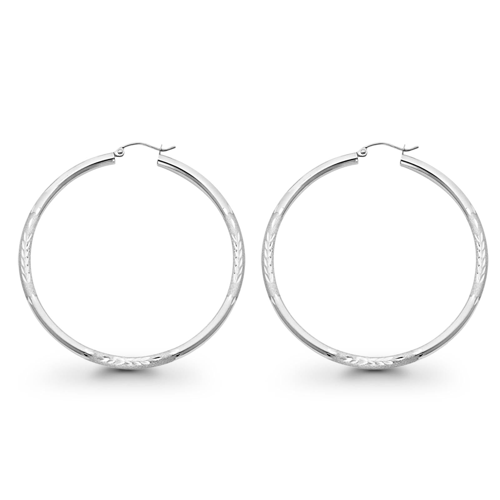 Diamond Cut 3mm Snap Closure Hoop Earrings Real 14K White Gold Hinged 3.2grams 48mm