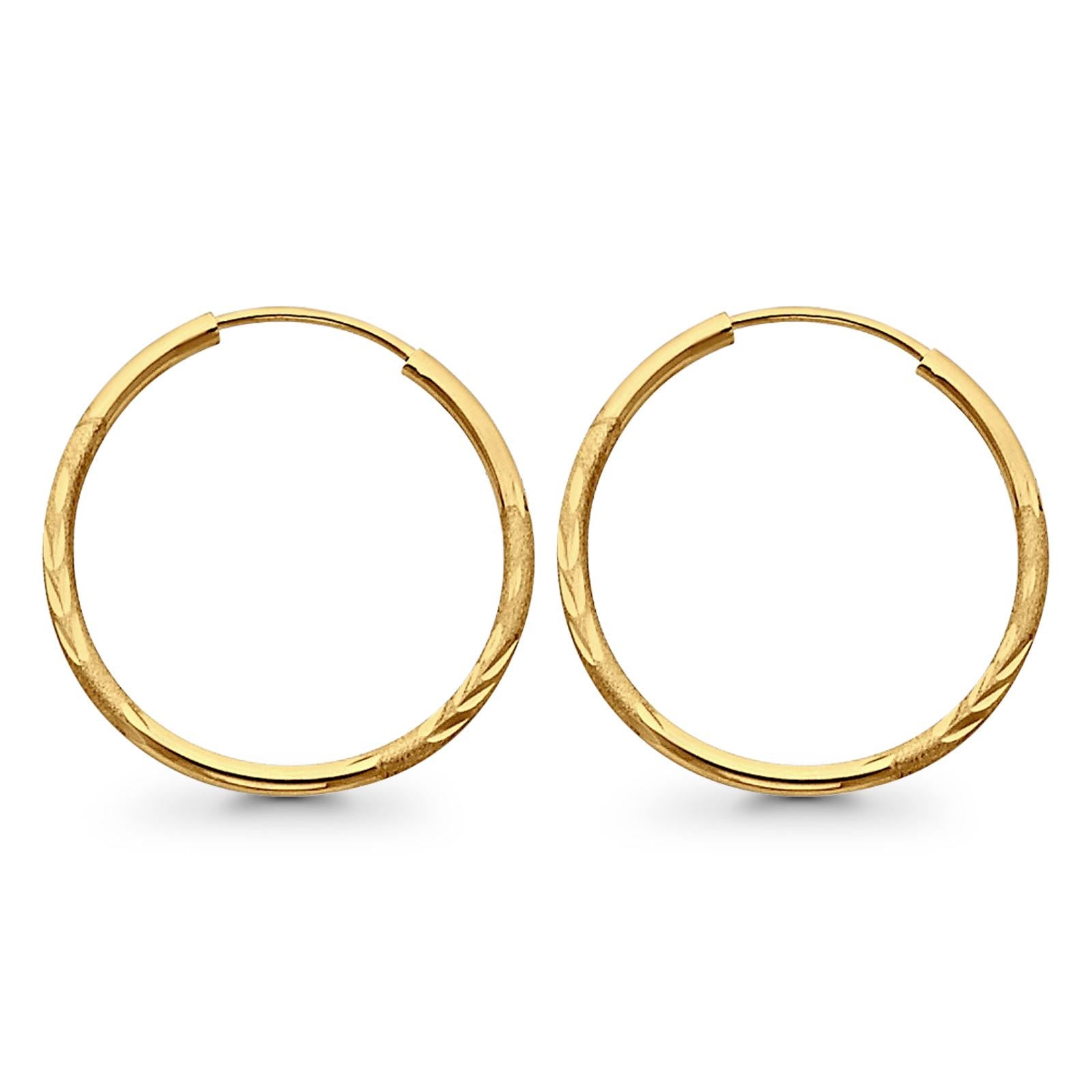 Diamond Cut 14K Yellow Gold Real Snap Closure Hoop 1.5mm Earrings Endless 0.9grams 23mm
