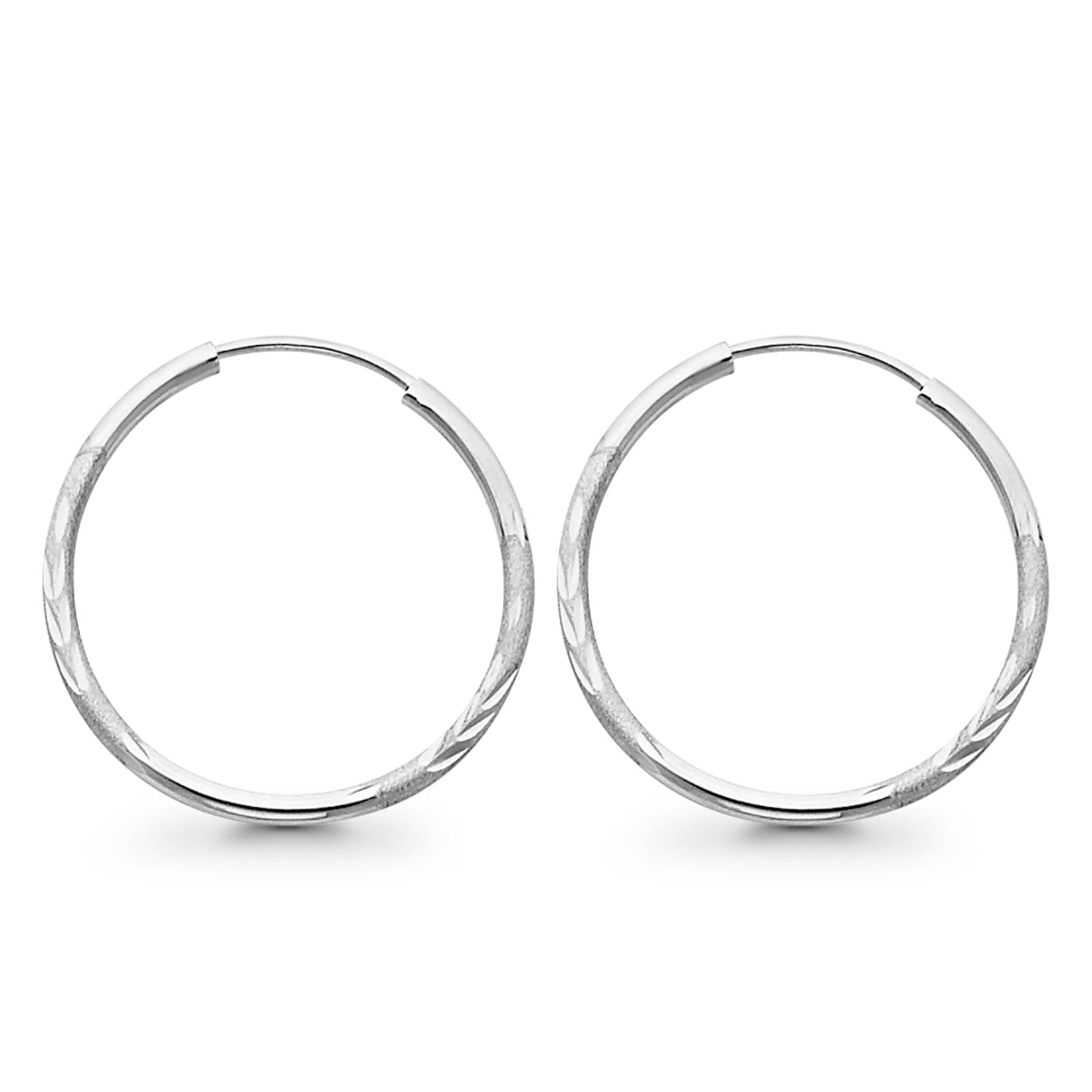 14K White Gold Diamond Cut Real 1.5mm Snap Closure Hoop Earrings Endless 0.9grams 23mm