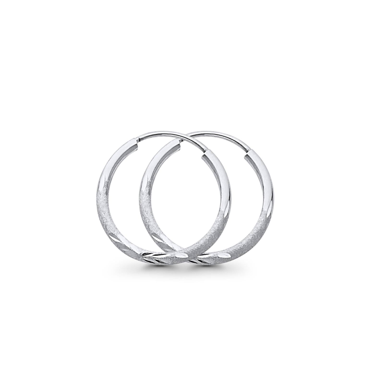 14K White Gold Real Diamond Cut 1.5mm Snap Closure Hoop Earrings Endless 0.6gram 17mm