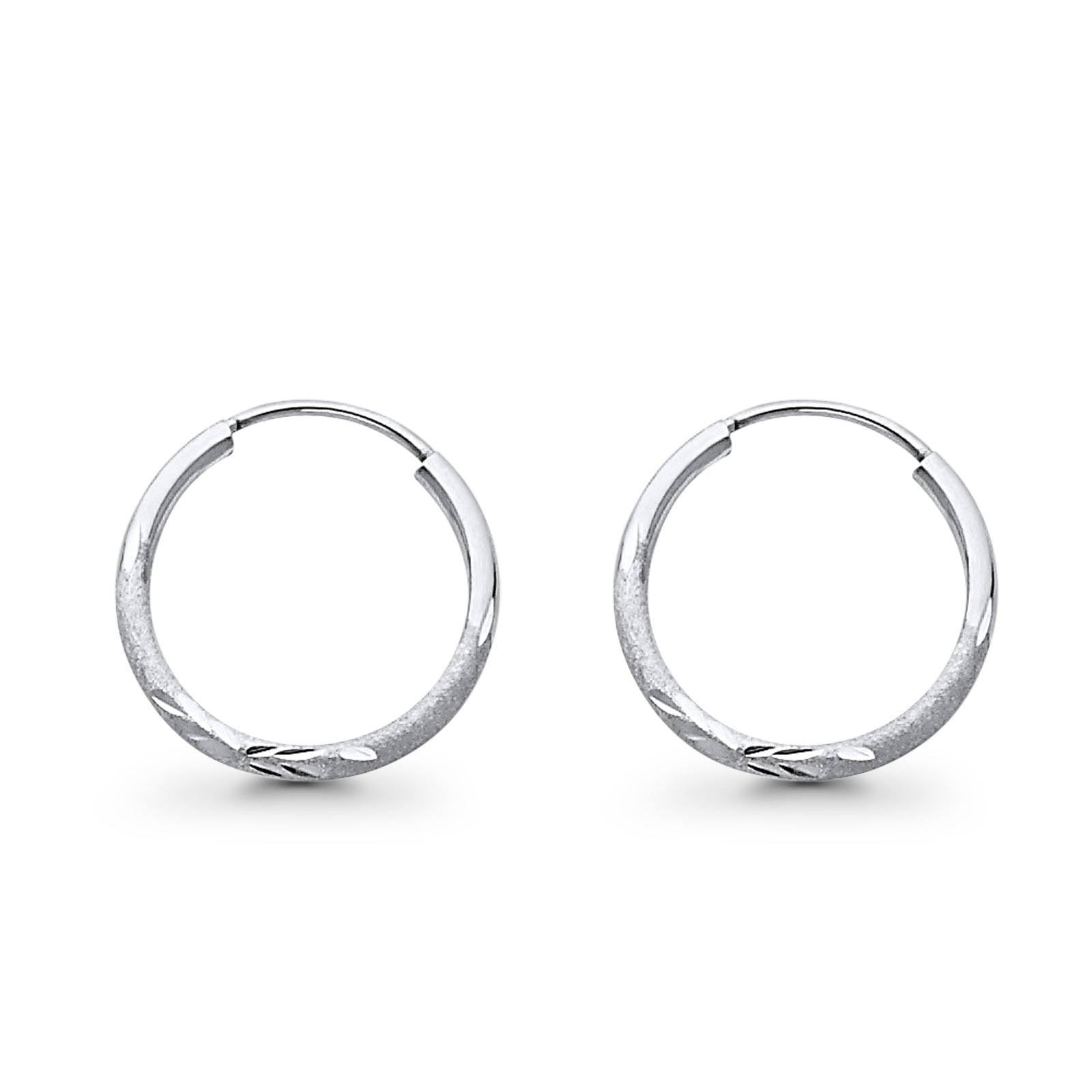 14K White Gold Real Diamond Cut 1.5mm Snap Closure Hoop Earrings Endless 0.6gram 17mm