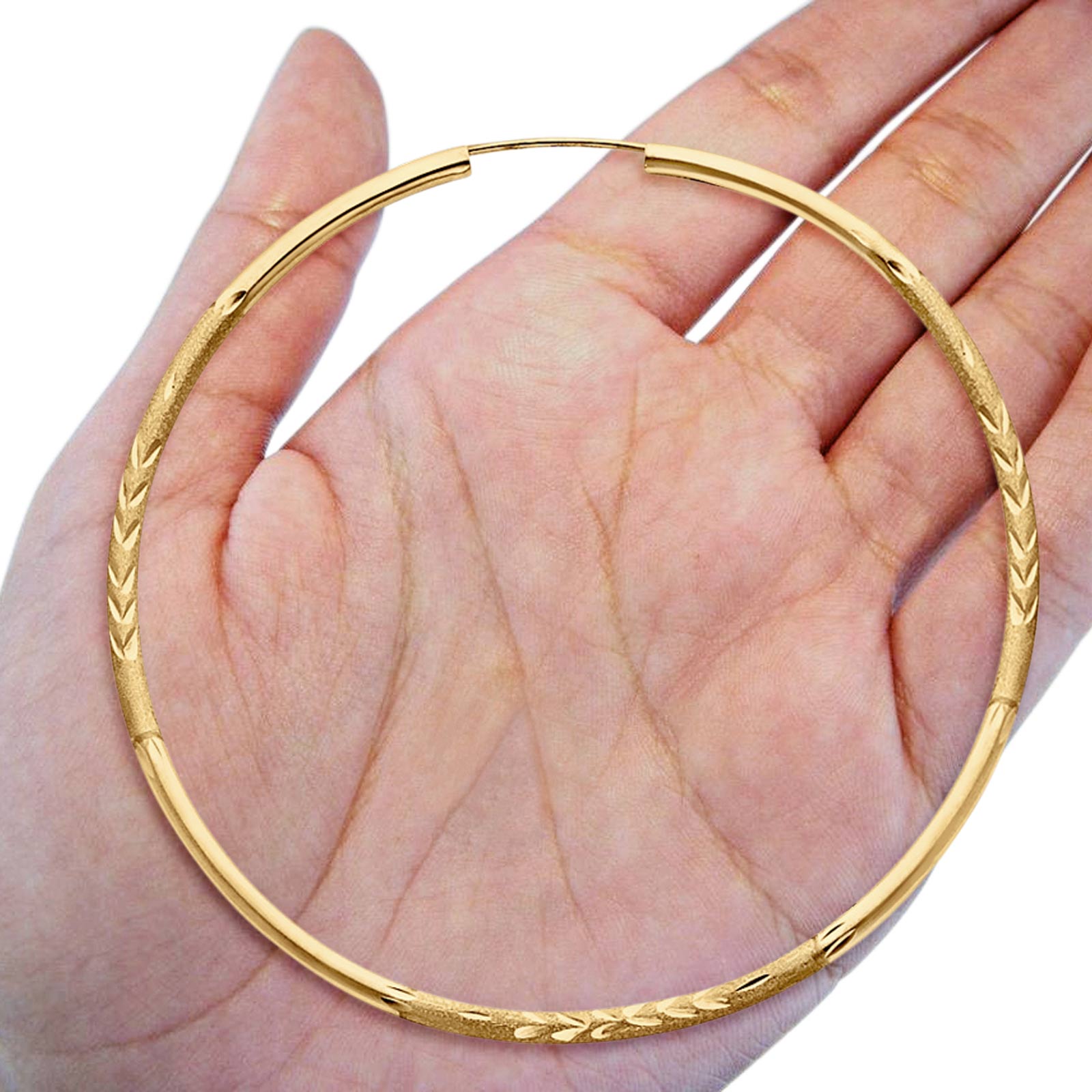 Real 14K Diamond Cut Yellow Gold 2mm Snap Closure Hoop Earrings Endless 2.4grams 50mm