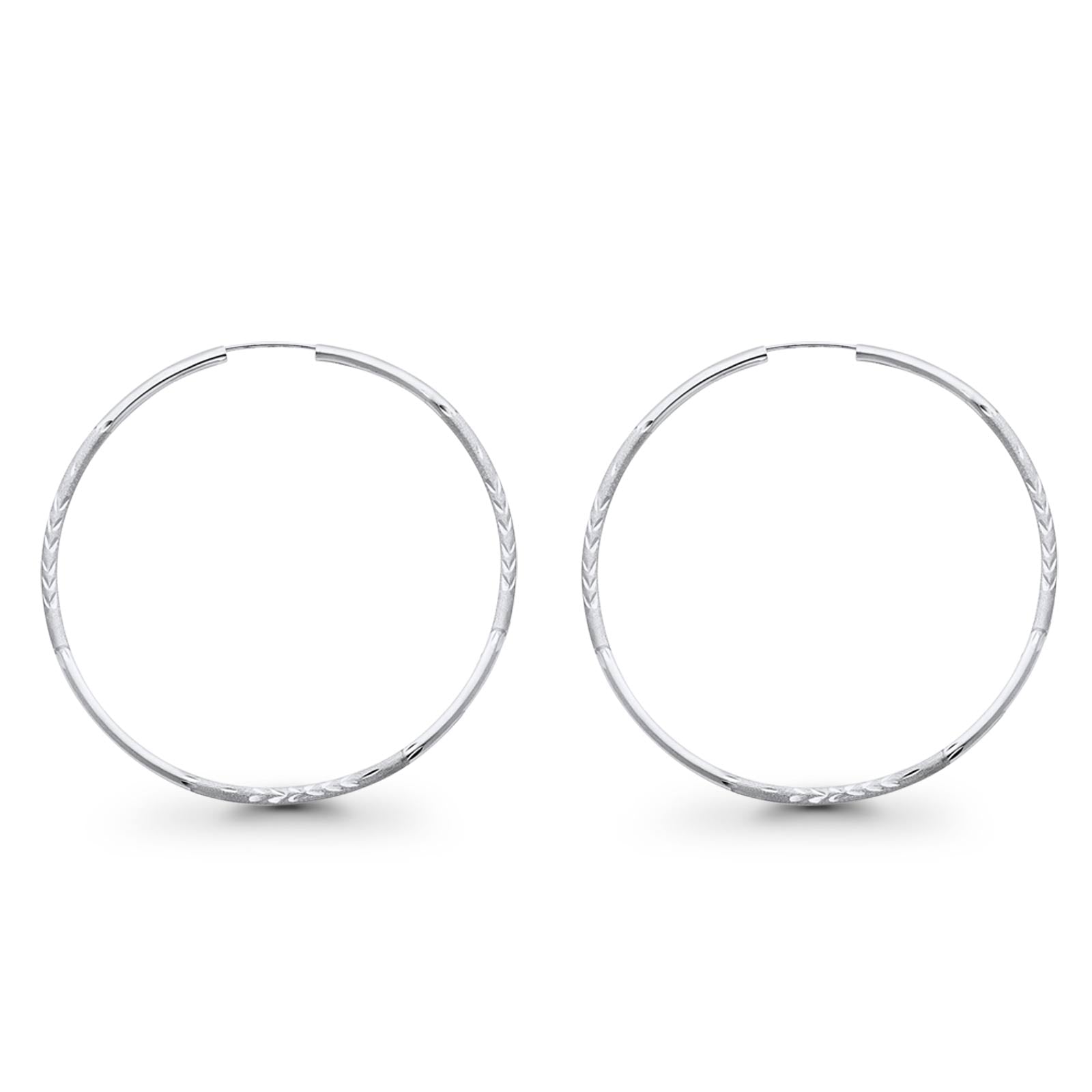 14K Diamond Cut White Gold Real 2mm Snap Closure Hoop Earrings Endless 2.4grams 50mm