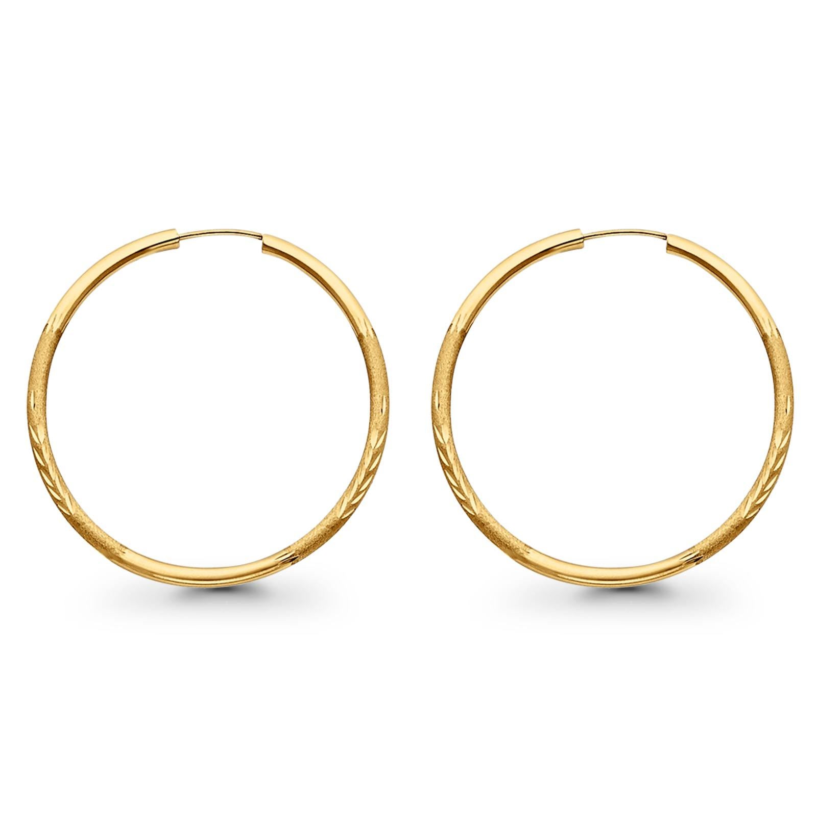 Real 14K Yellow Gold Diamond Cut 2mm Snap Closure Hoop Earrings Endless 2grams 40mm