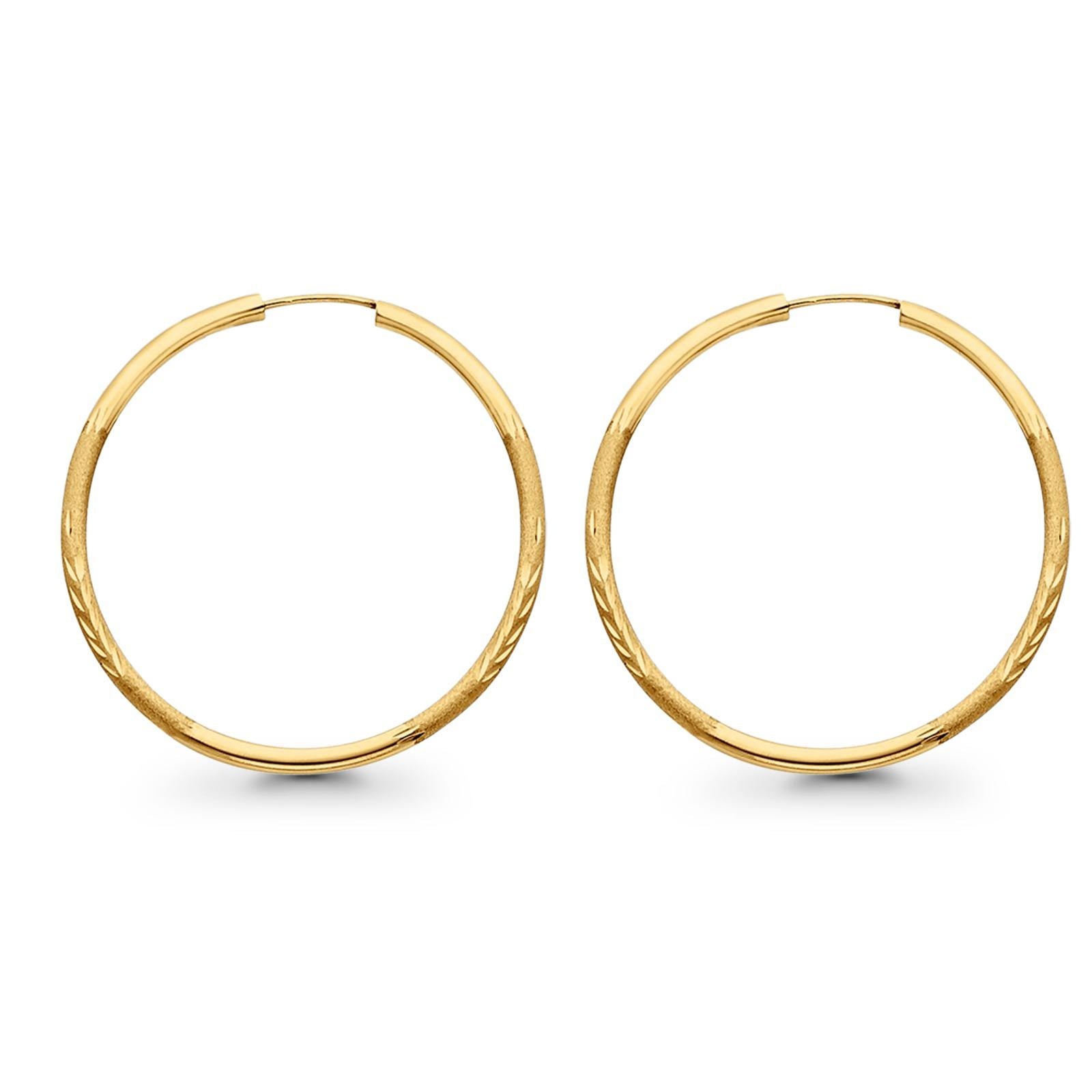 Real 14K Yellow Gold Diamond Cut 2mm Snap Closure Hoop Earrings Endless 1.4grams 30mm