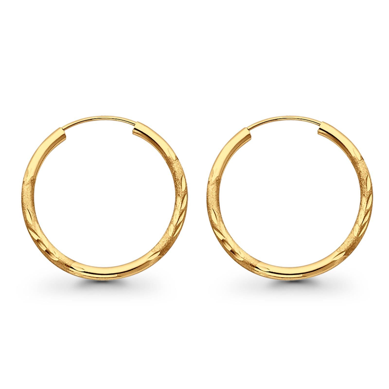 14K Yellow Gold Diamond Cut Real 2mm Snap Closure Hoop Earrings Endless 1.2grams 25mm