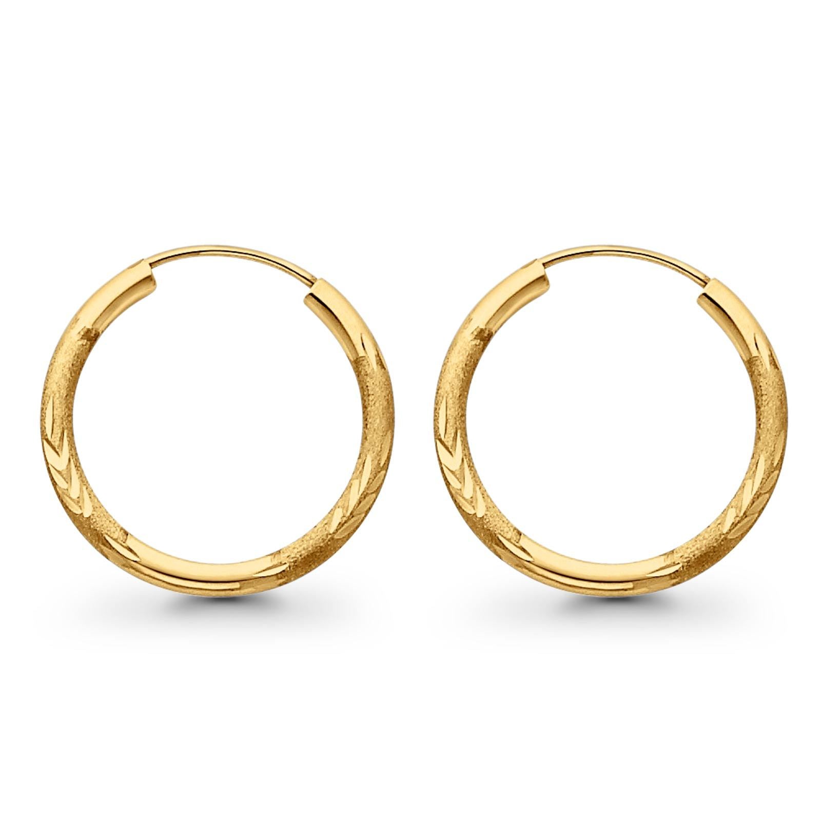 14K Yellow Gold Real Diamond Cut 2mm Snap Closure Hoop Earrings Endless 0.9gram 20mm