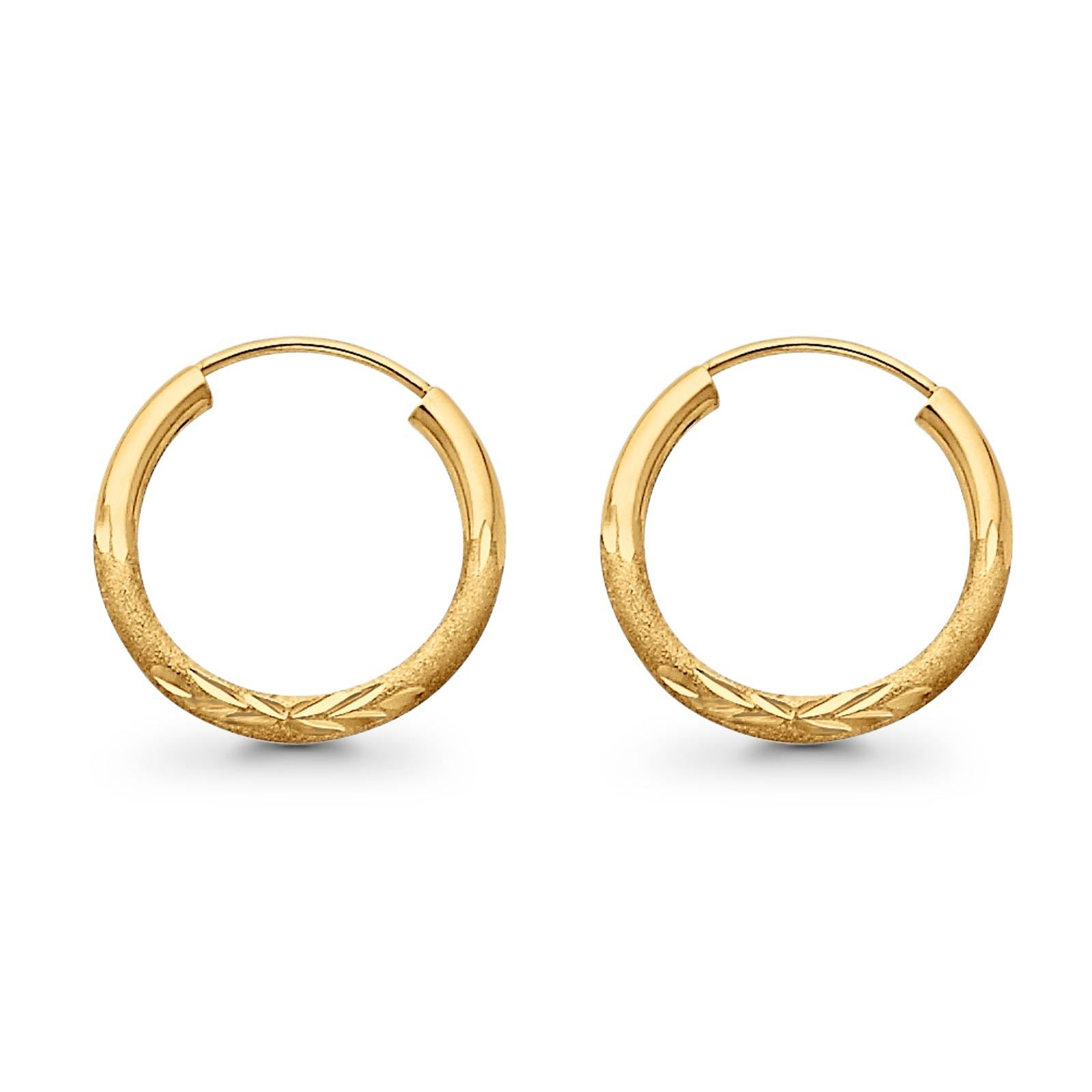 14K Yellow Gold Real Diamond 2mm Cut Snap Closure Hoop Earrings Endless 0.8gram 18mm