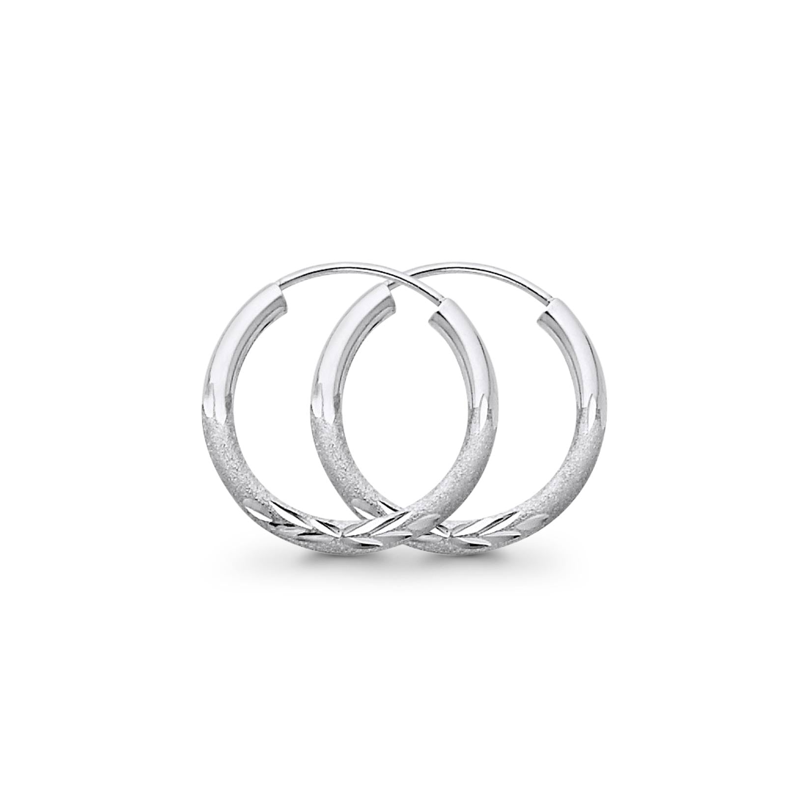 14K White Gold Real Diamond Cut 2mm Snap Closure Hoop Earrings Endless 0.8gram 18mm
