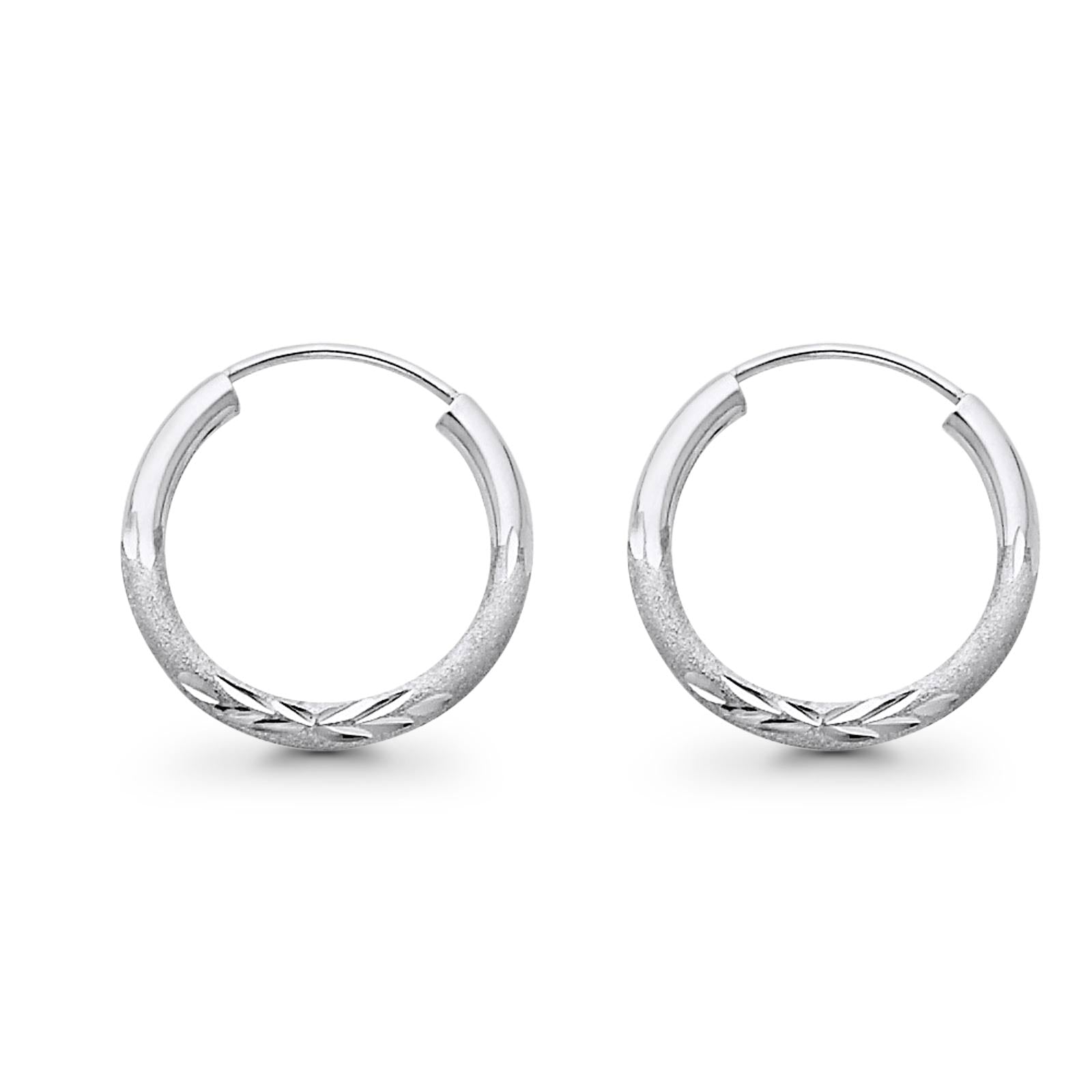 14K White Gold Real Diamond Cut 2mm Snap Closure Hoop Earrings Endless 0.8gram 18mm