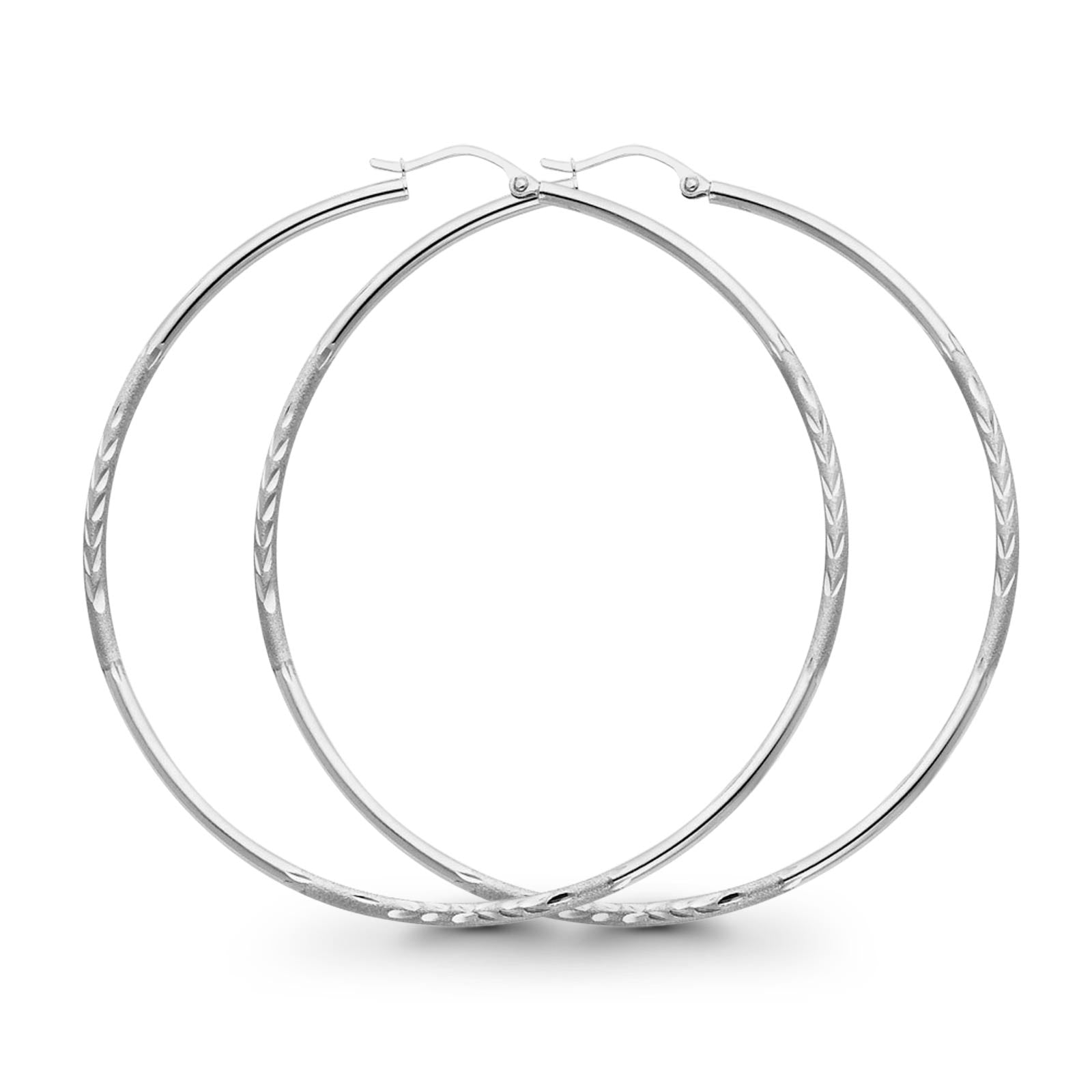 Diamond Cut Real 14K White Gold 2mm Snap Closure Hoop Earrings Hinged 3.2grams 65mm