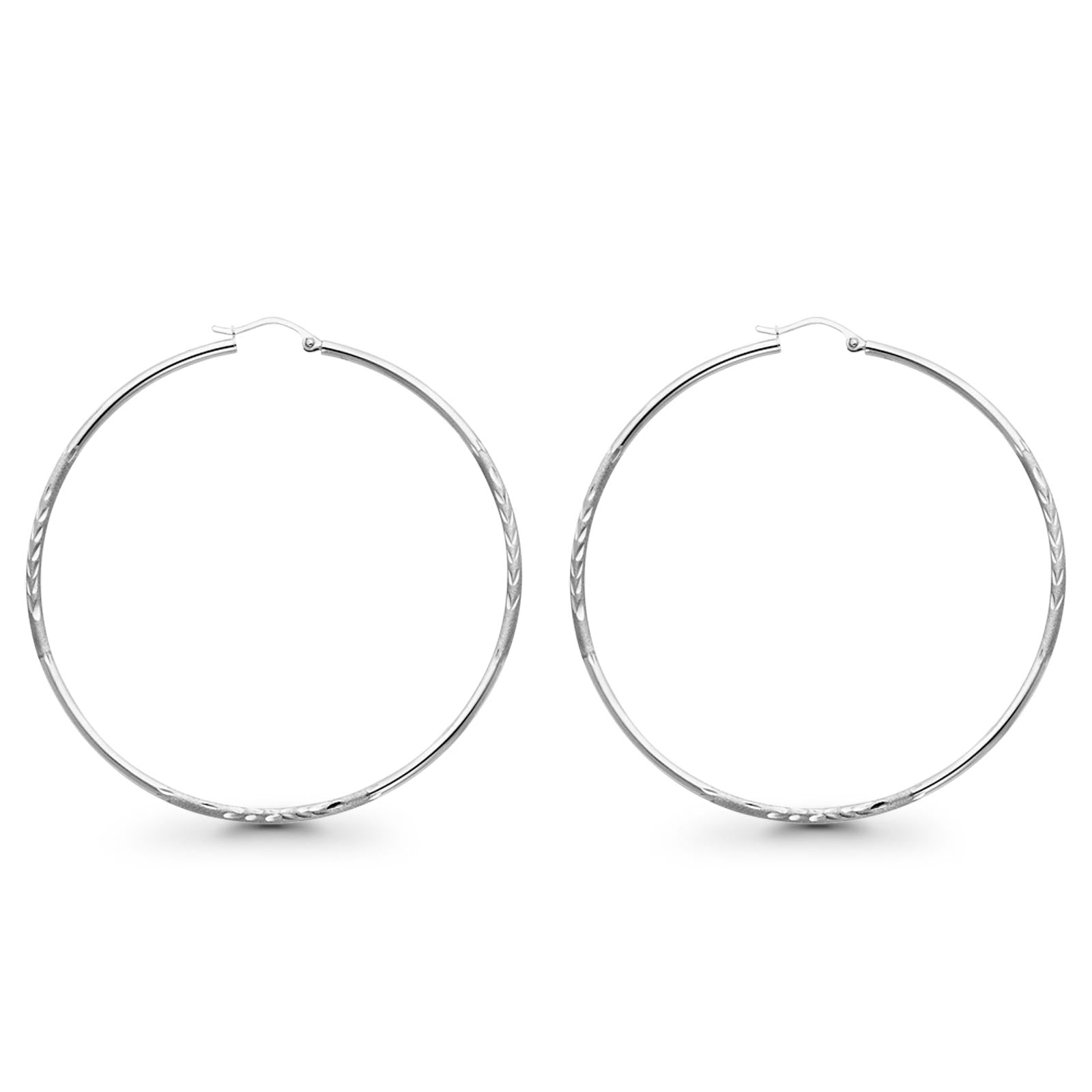 Diamond Cut Real 14K White Gold 2mm Snap Closure Hoop Earrings Hinged 3.2grams 65mm