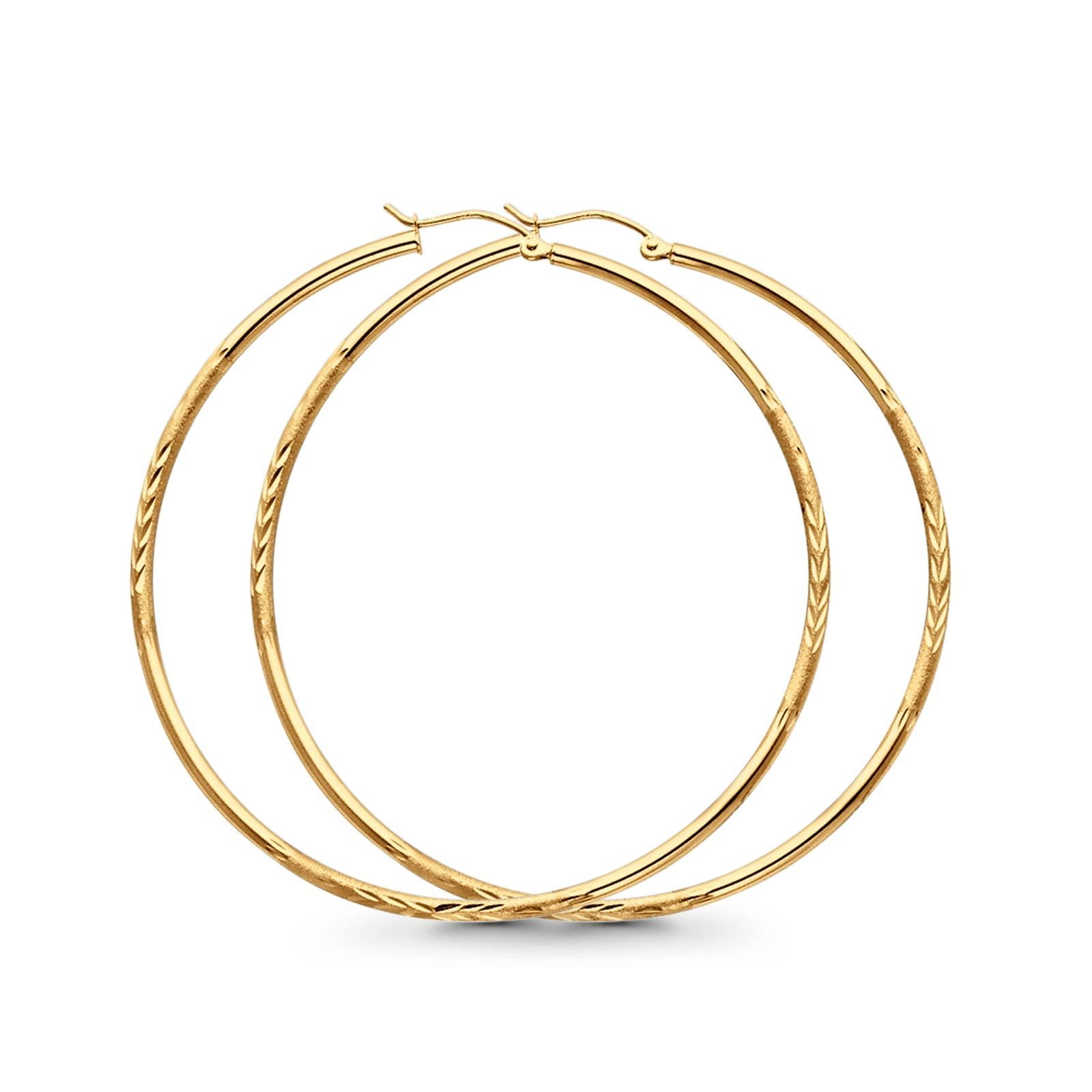 14K Yellow Gold Diamond Cut Real 2mm Snap Closure Hoop Earrings Hinged 2.7grams 55mm