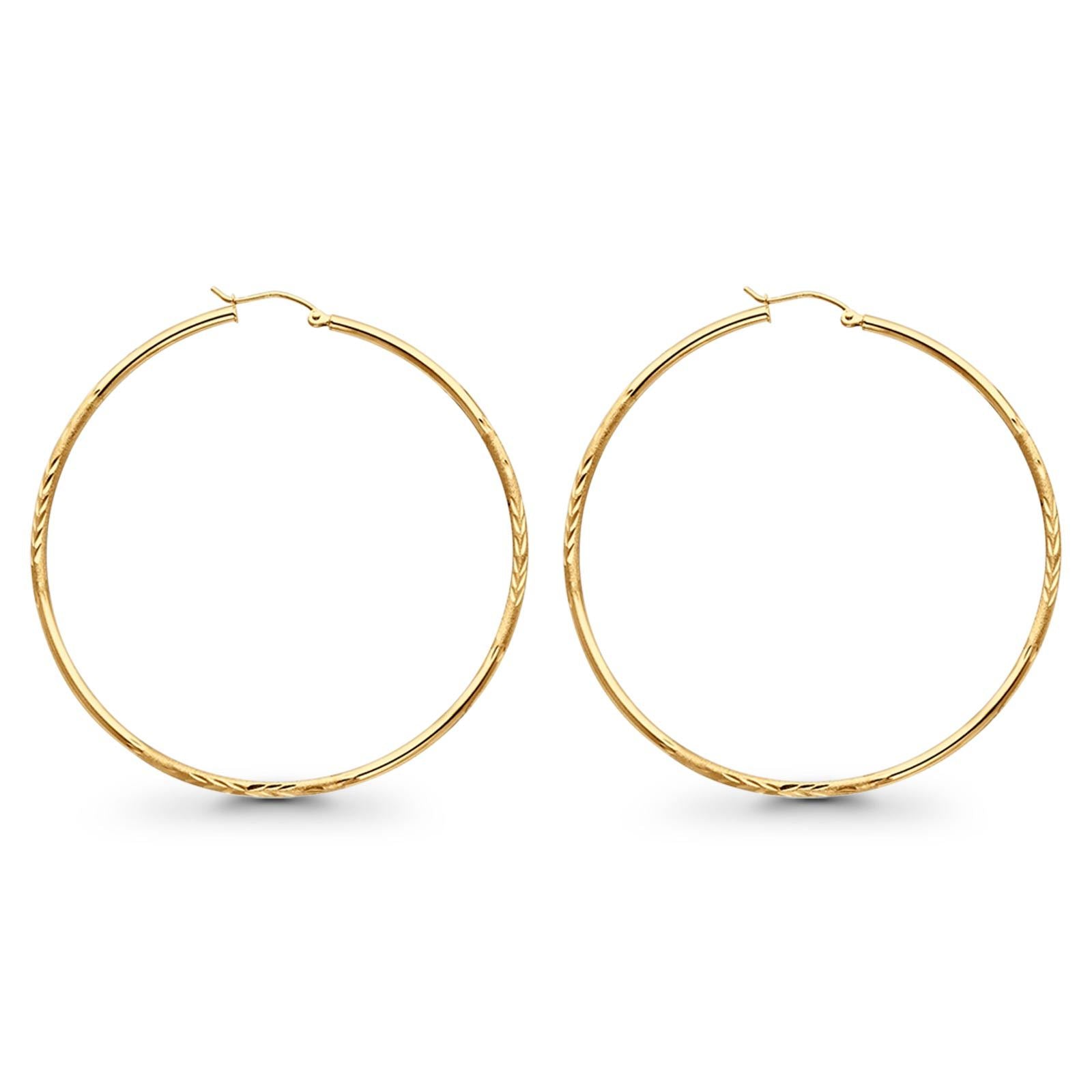 14K Yellow Gold Diamond Cut Real 2mm Snap Closure Hoop Earrings Hinged 2.7grams 55mm