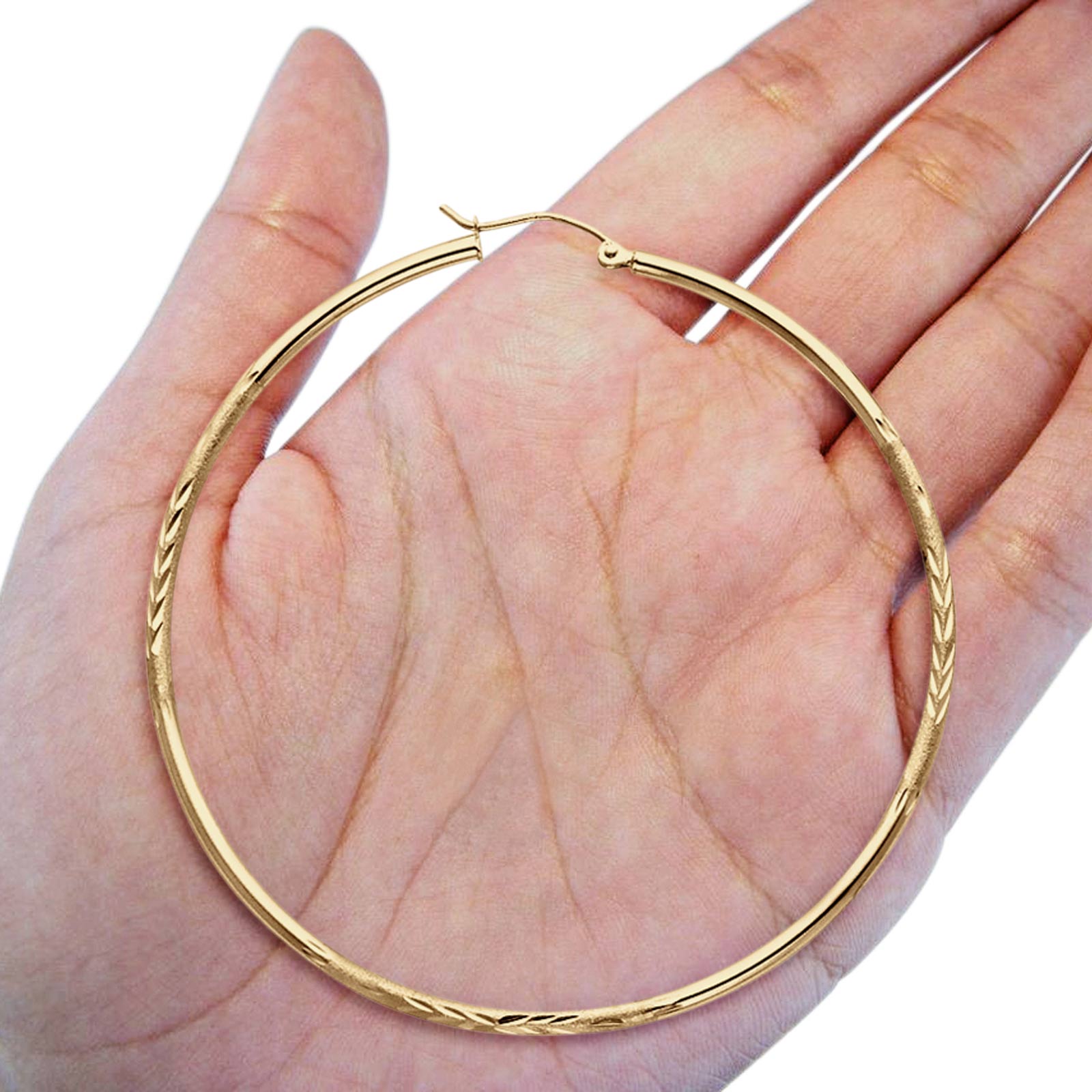 14K Yellow Gold Diamond Cut Real 2mm Snap Closure Hoop Earrings Hinged 2.7grams 55mm