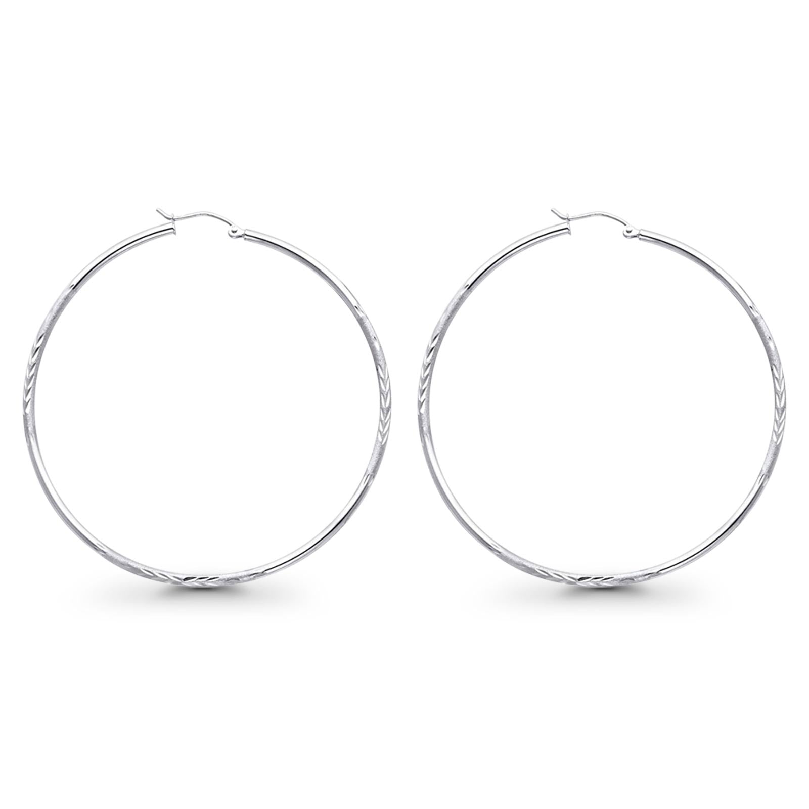 14K White Gold Diamond Cut Real 2mm Snap Closure Earrings Hinged 2.7grams 55mm