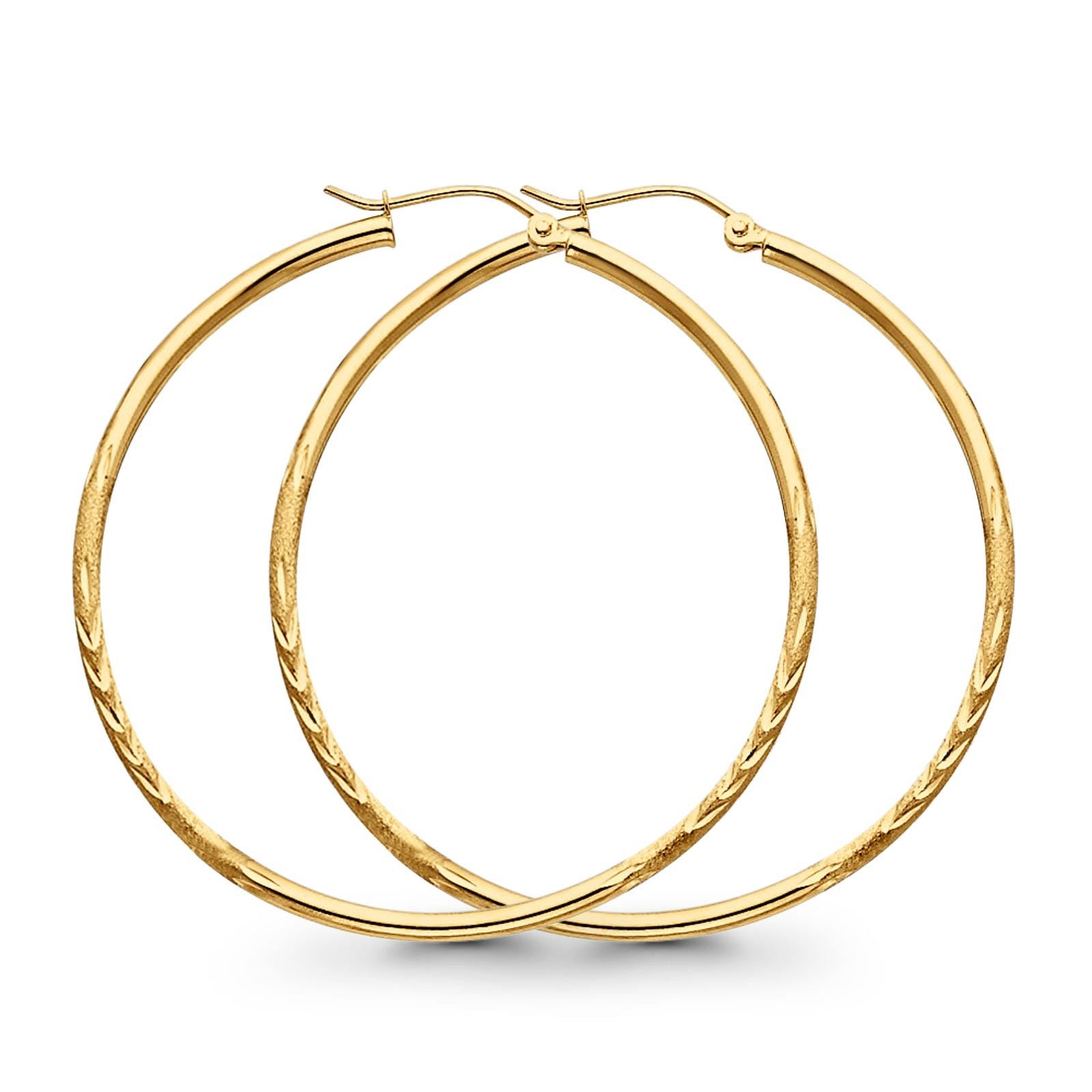 14K Yellow Gold Diamond Cut Real 2mm Snap Closure Hoop Earrings Hinged 2.3grams 45mm