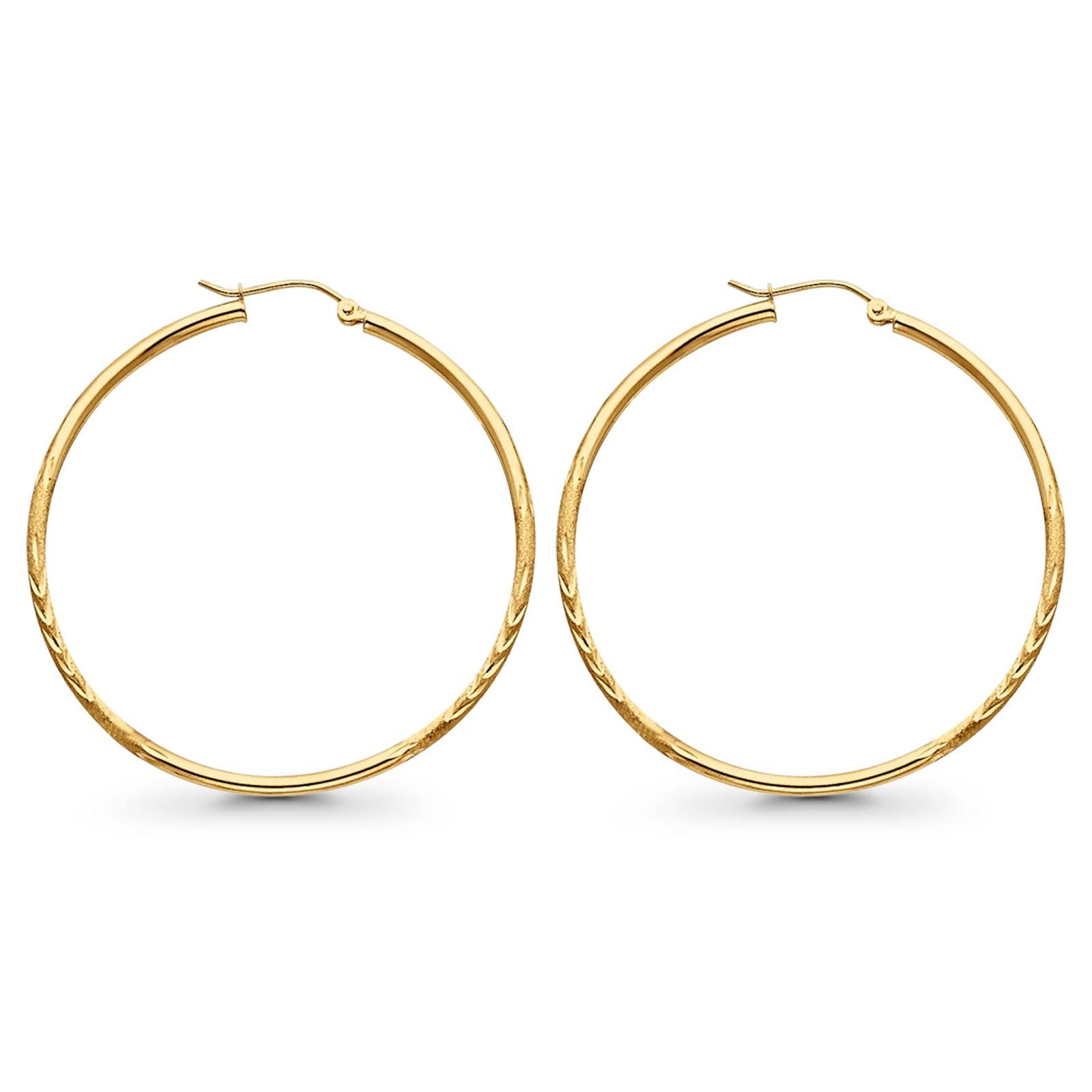 14K Yellow Gold Diamond Cut Real 2mm Snap Closure Hoop Earrings Hinged 2.3grams 45mm