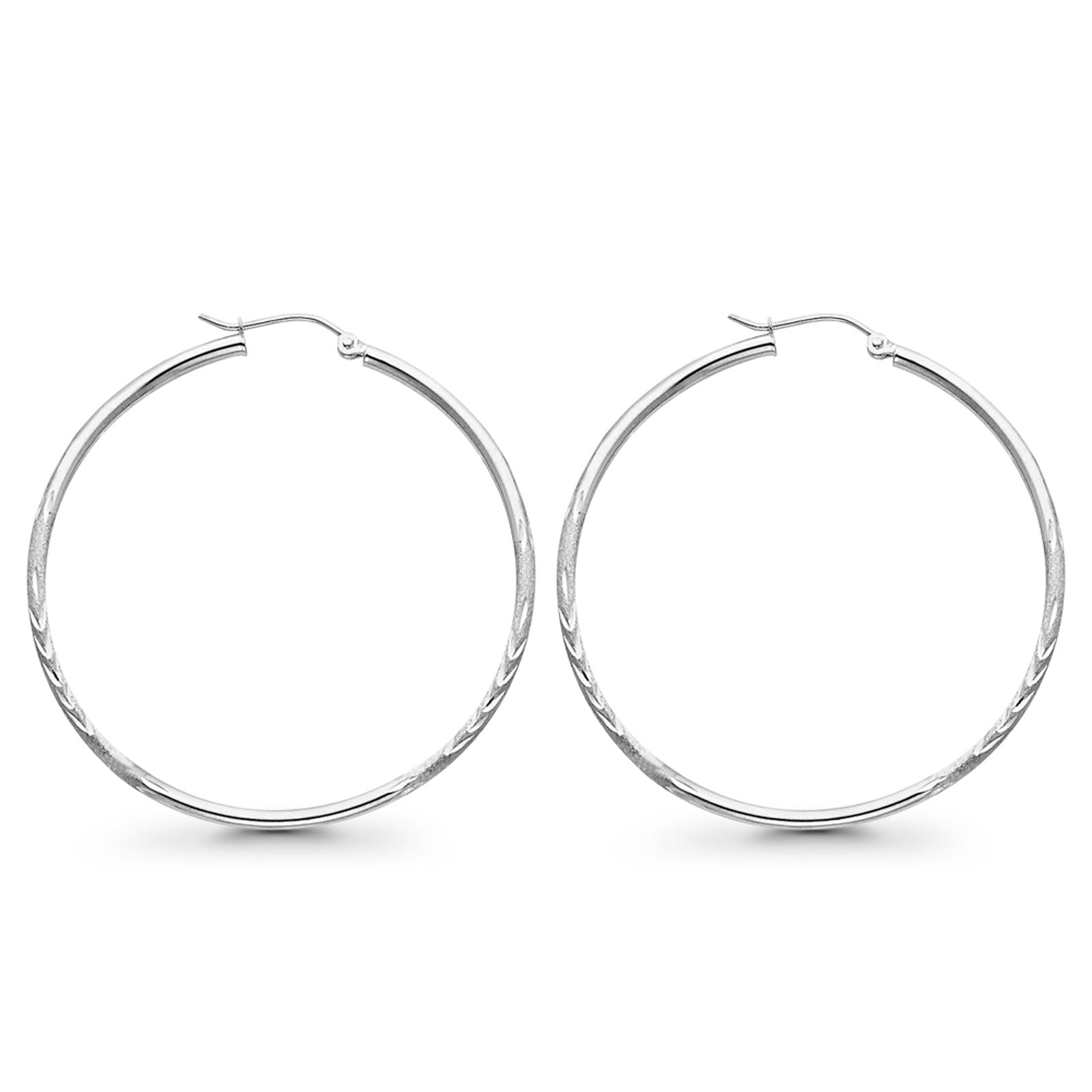 14K White Gold Diamond Cut Real 2mm Snap Closure Hoop Earrings Hinged 2.3grams 45mm