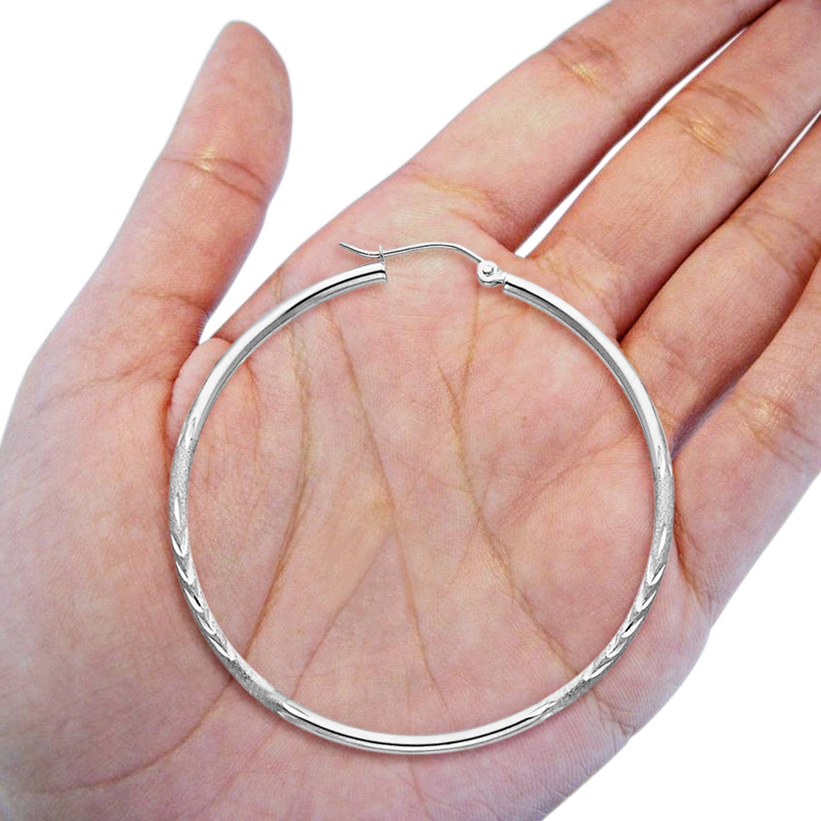 14K White Gold Diamond Cut Real 2mm Snap Closure Hoop Earrings Hinged 2.3grams 45mm