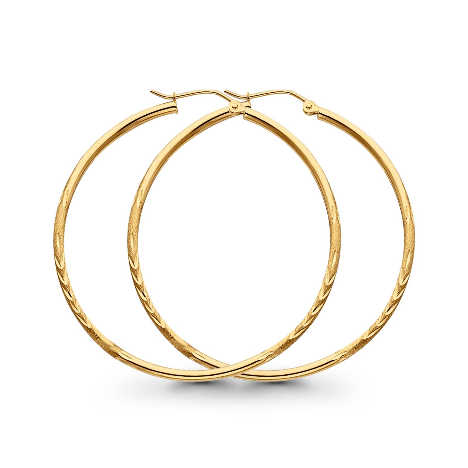 14K Yellow Gold Diamond Cut Real 2mm Snap Closure Hoop Earrings Hinged 1.8grams 35mm