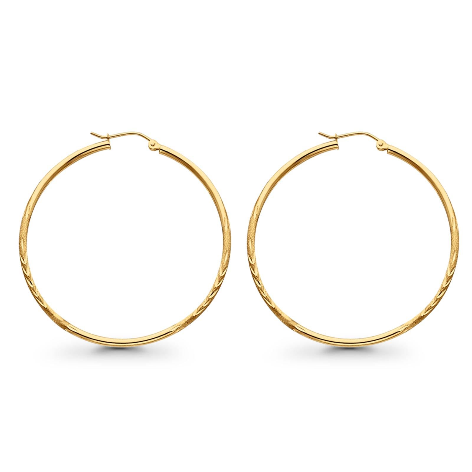 14K Yellow Gold Diamond Cut Real 2mm Snap Closure Hoop Earrings Hinged 1.8grams 35mm