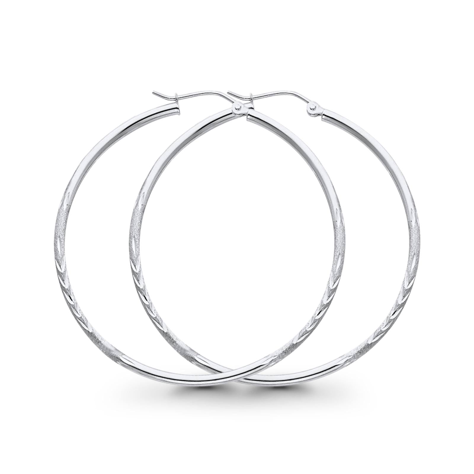 Real 14K White Gold Diamond Cut 2mm Snap Closure Hoop Earrings Hinged 1.8grams 35mm