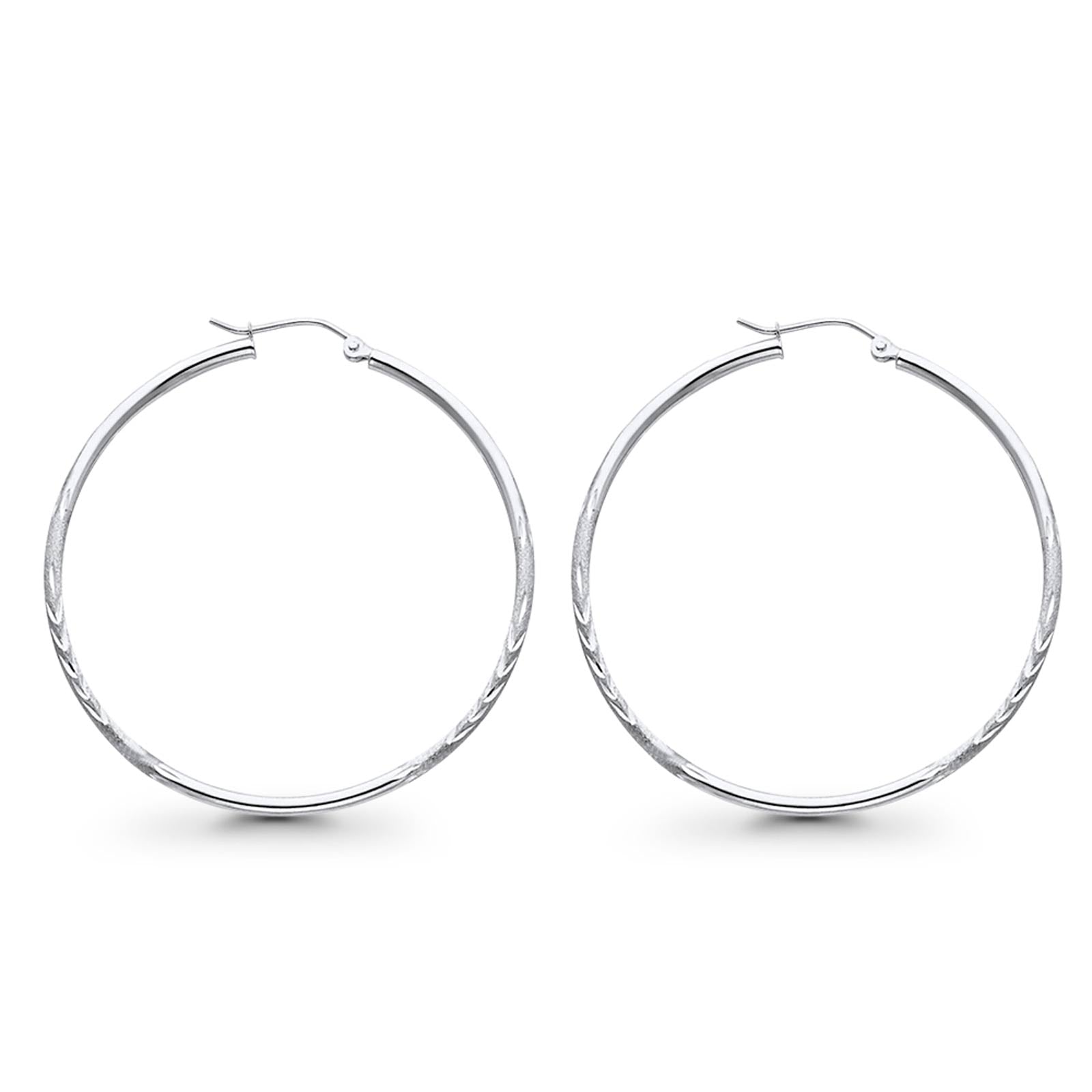 Real 14K White Gold Diamond Cut 2mm Snap Closure Hoop Earrings Hinged 1.8grams 35mm