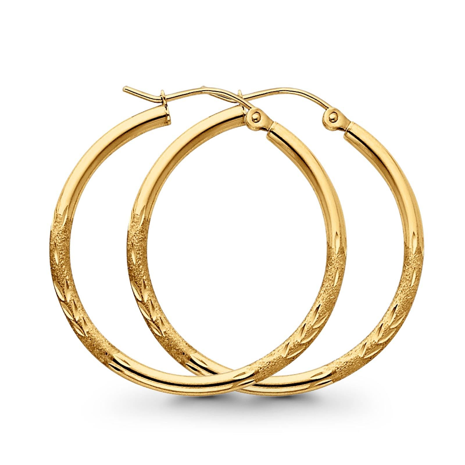 Diamond Cut Real 14K Yellow Gold 2mm Snap Closure Hoop Earrings Hinged 1.5grams 30mm
