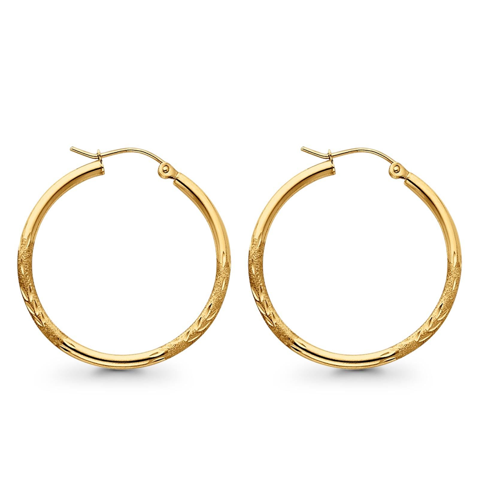 Diamond Cut Real 14K Yellow Gold 2mm Snap Closure Hoop Earrings Hinged 1.5grams 30mm