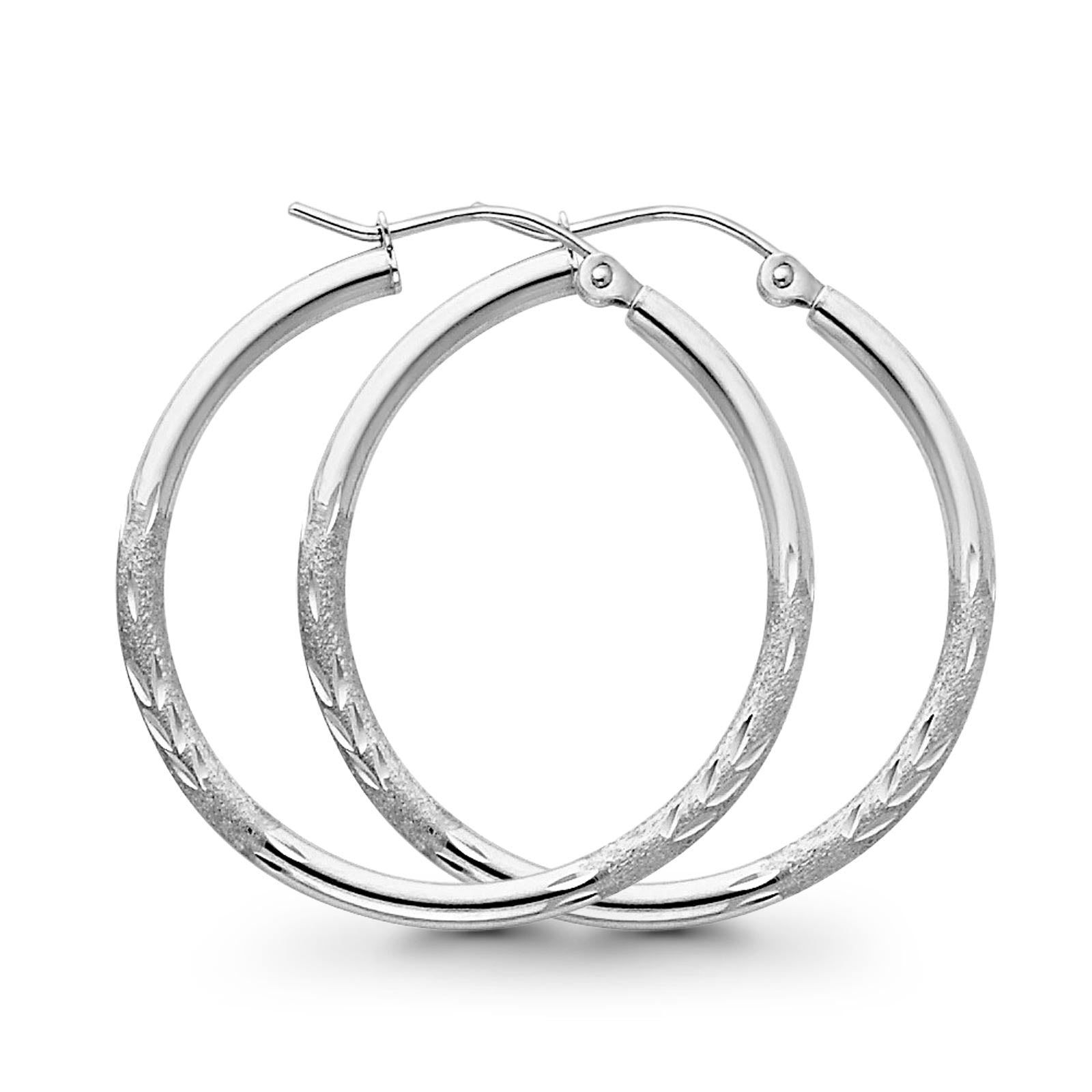 14K White Gold Real Diamond Cut 2mm Snap Closure Hoop Earrings Hinged 1.5grams 30mm